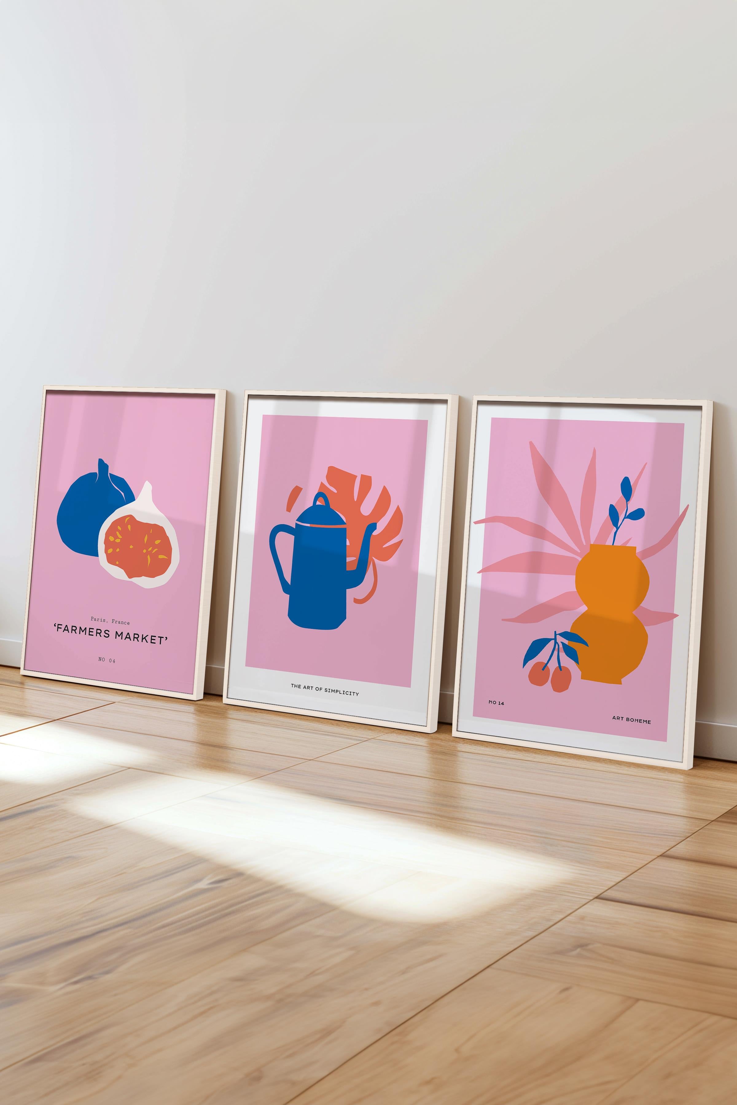 Çerçeveli Tablo Seti, 3 Adet Beyaz Çerçeve ve Pembe Minimalist Temalı Poster Seti, No:300461