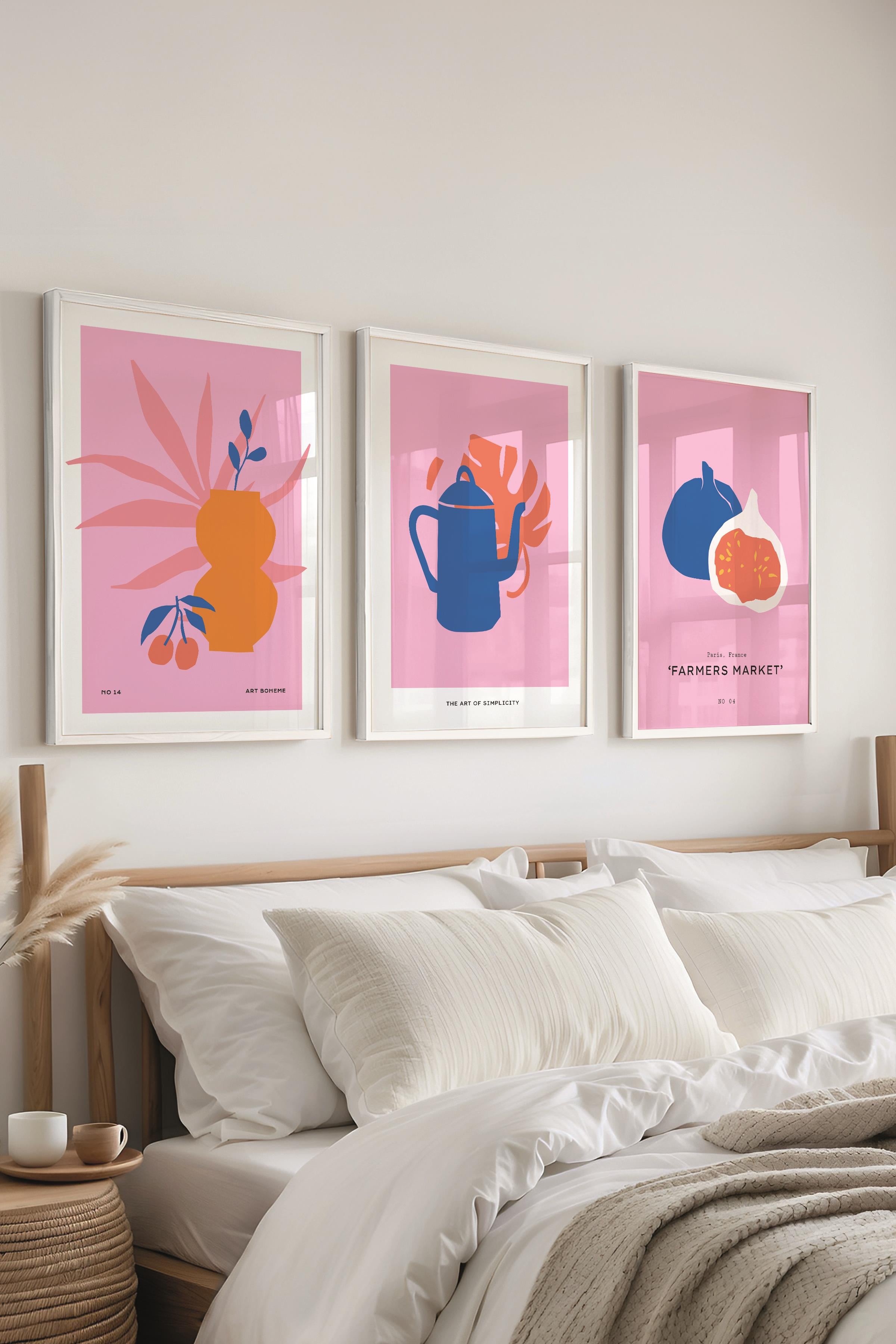 Çerçeveli Tablo Seti, 3 Adet Beyaz Çerçeve ve Pembe Minimalist Temalı Poster Seti, No:300461