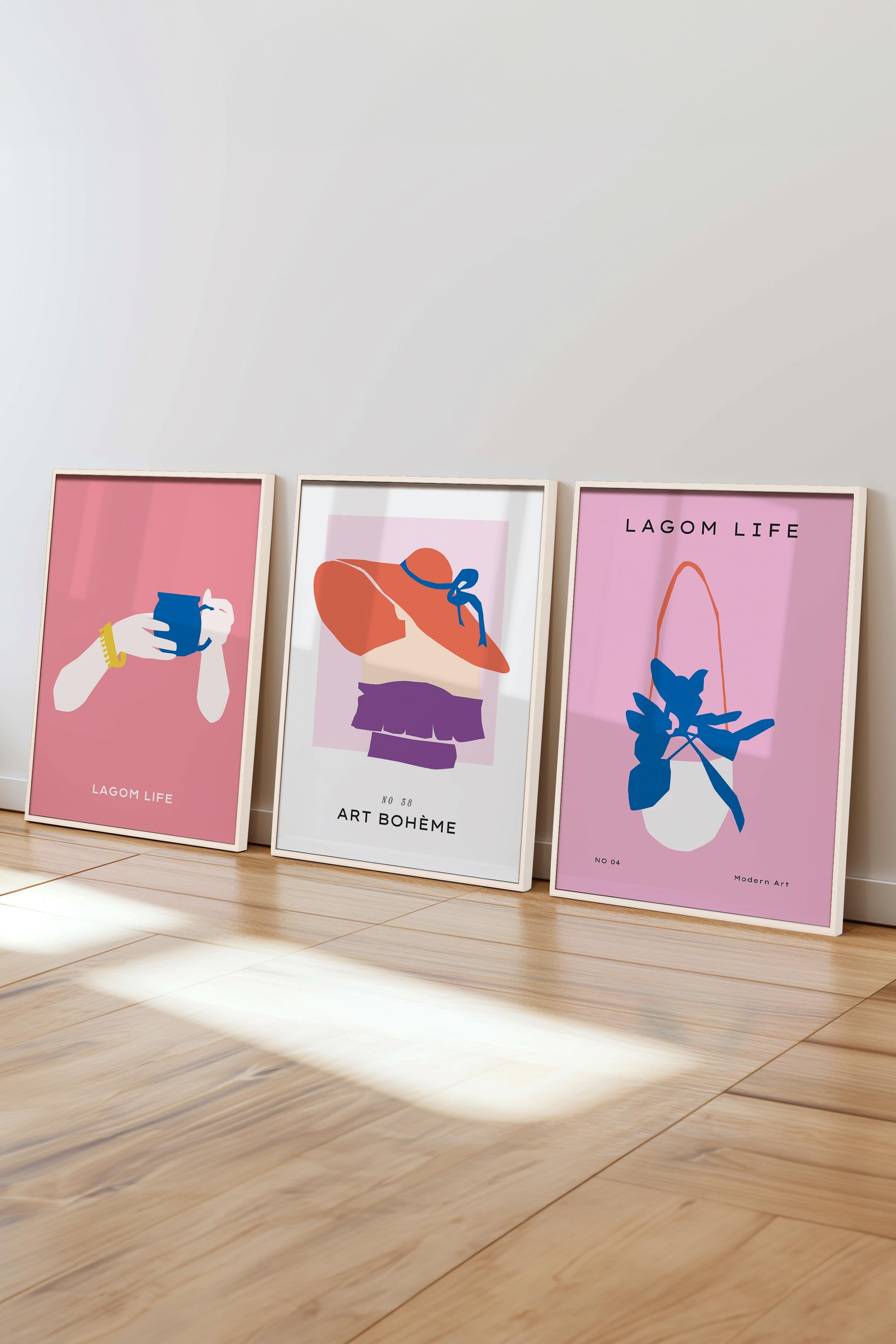 Çerçeveli Tablo Seti, 3 Adet Beyaz Çerçeve ve Pembe Minimalist Temalı Poster Seti, No:300463