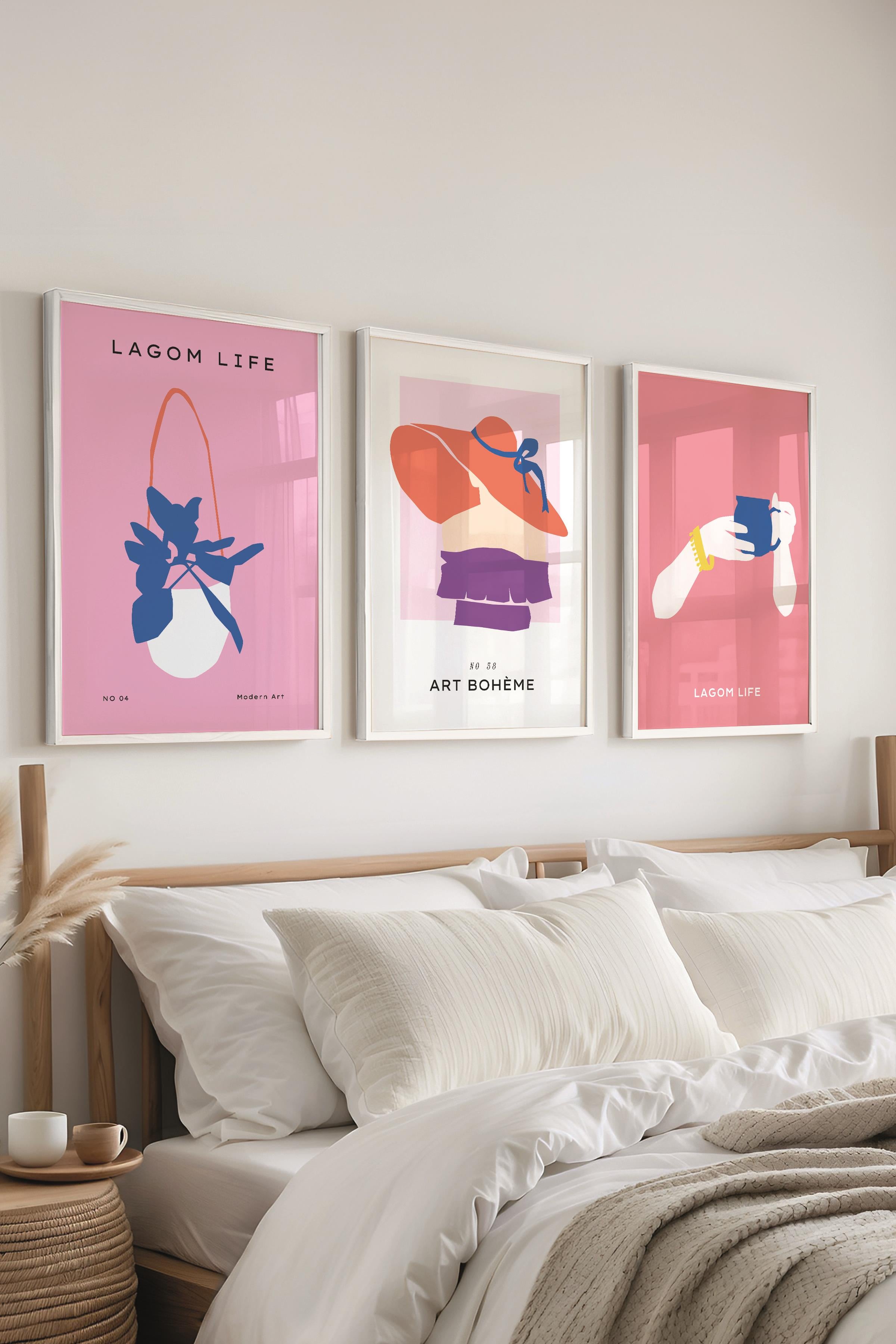 Çerçeveli Tablo Seti, 3 Adet Beyaz Çerçeve ve Pembe Minimalist Temalı Poster Seti, No:300463