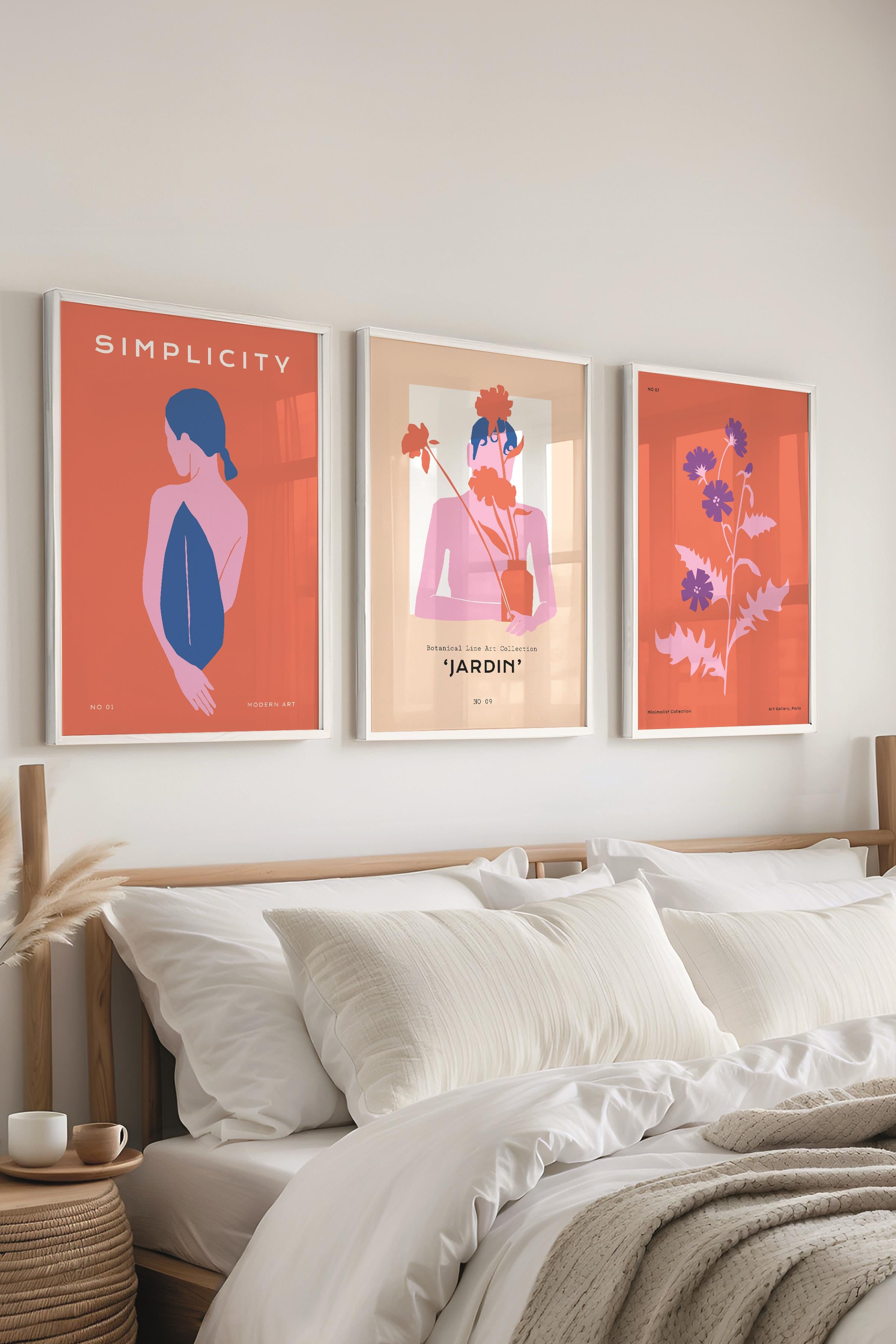 Çerçeveli Tablo Seti, 3 Adet Beyaz Çerçeve ve Renkli Minimalist Temalı Poster Seti, No:300460