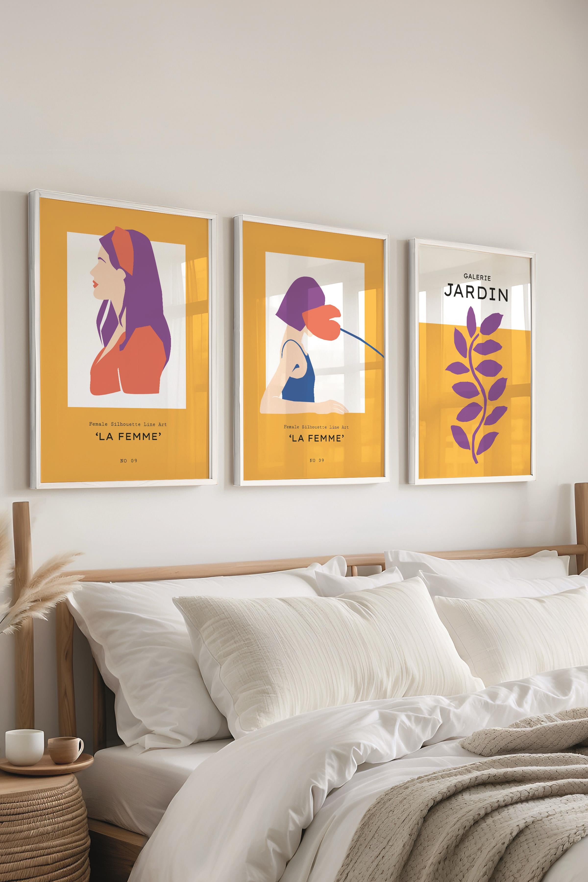 Çerçeveli Tablo Seti, 3 Adet Beyaz Çerçeve ve Sarı Boho Temalı Poster Seti, Duvar Tablosu No:300458