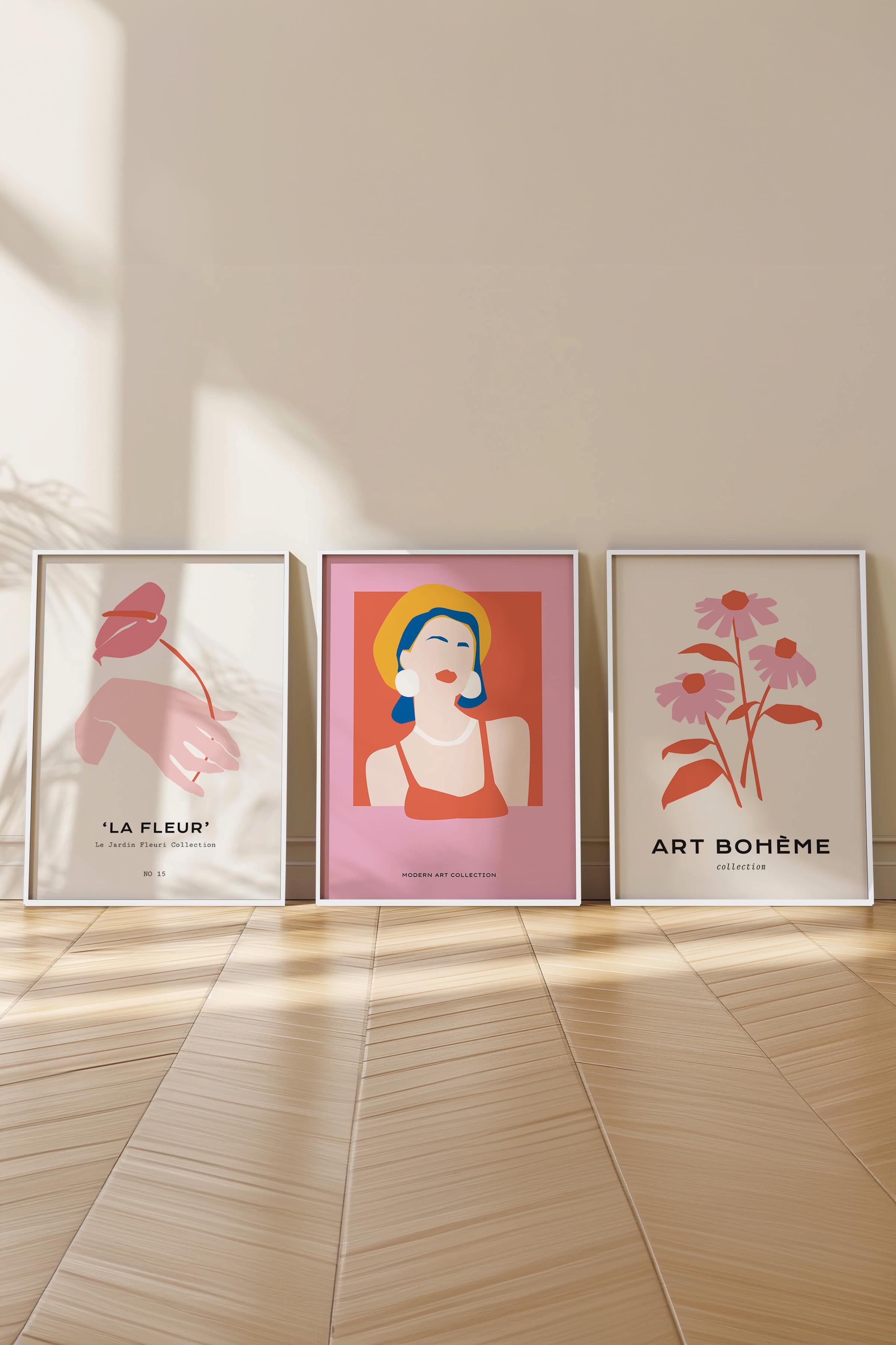 Çerçeveli Tablo Seti, 3 Adet Beyaz Çerçeve ve Soft Pembe Minimalist Temalı Poster Seti, No:300459