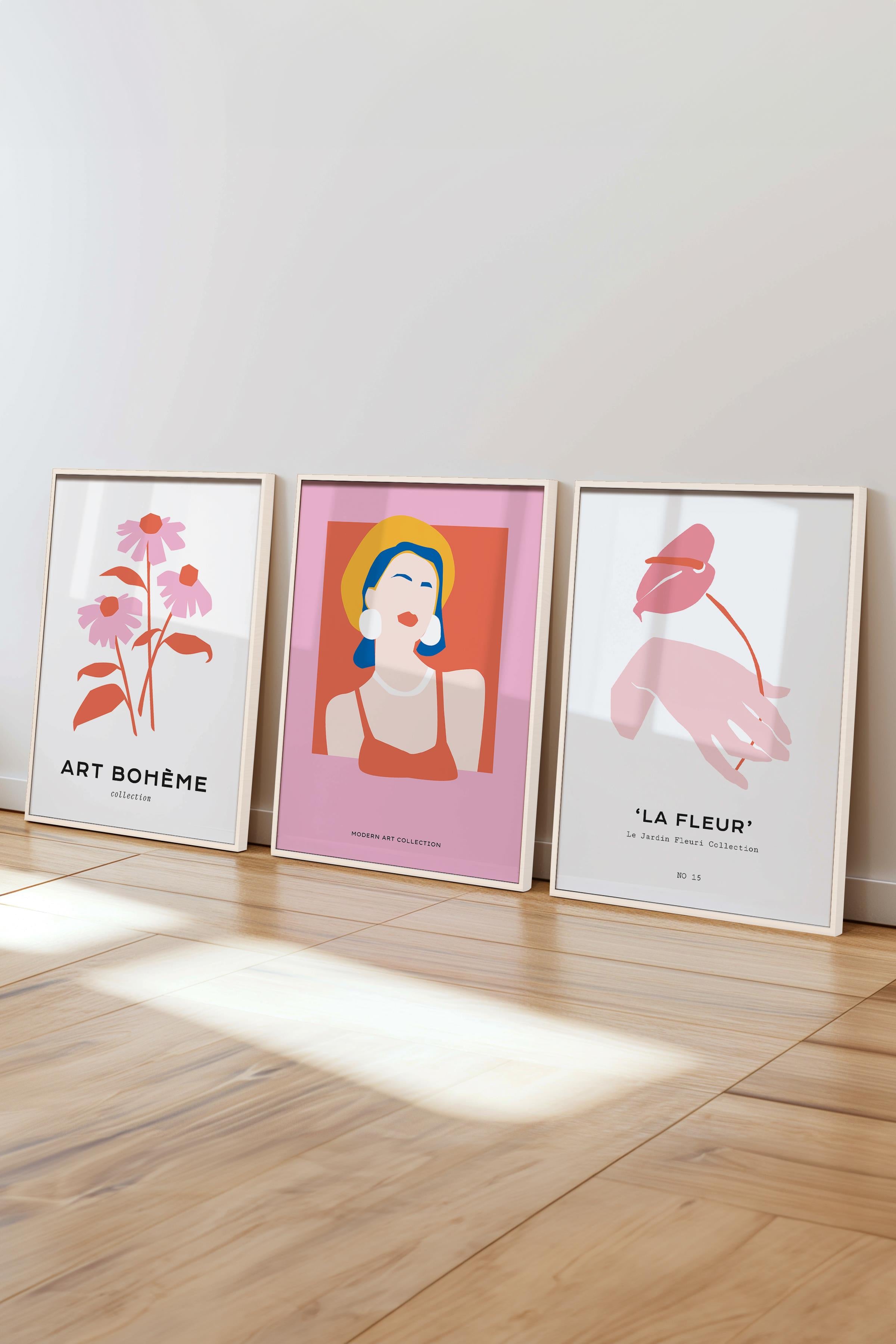 Çerçeveli Tablo Seti, 3 Adet Beyaz Çerçeve ve Soft Pembe Minimalist Temalı Poster Seti, No:300459