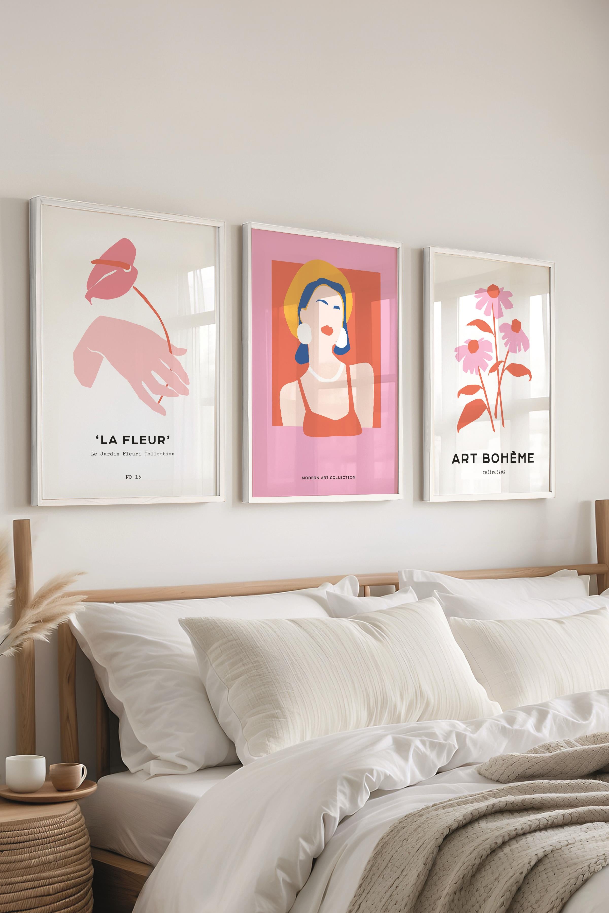 Çerçeveli Tablo Seti, 3 Adet Beyaz Çerçeve ve Soft Pembe Minimalist Temalı Poster Seti, No:300459