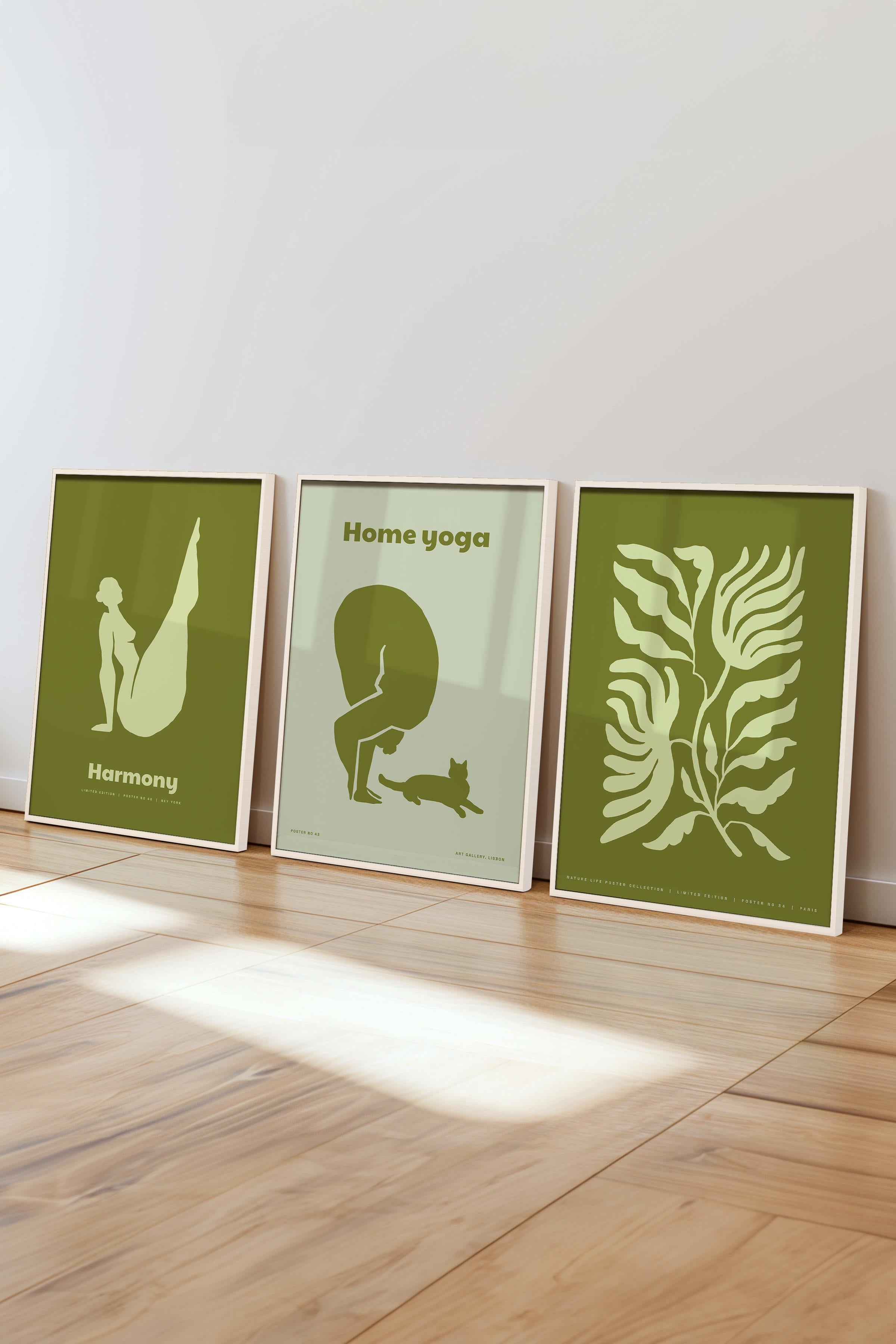 Çerçeveli Tablo Seti, 3 Adet Beyaz Çerçeve ve Yoga Temalı Poster Seti, Duvar Tablosu No:300630