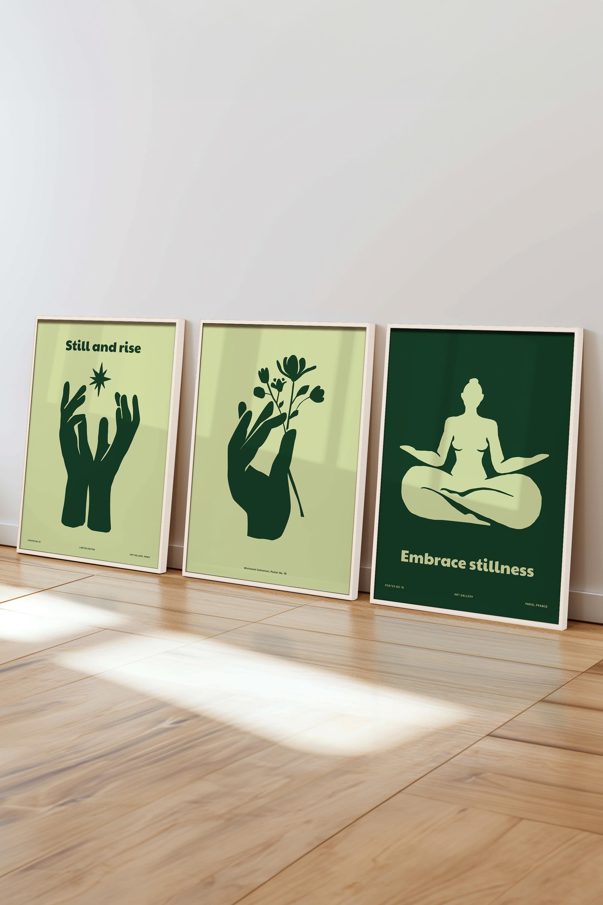 Çerçeveli Tablo Seti, 3 Adet Beyaz Çerçeve ve Yoga Temalı Poster Seti, Duvar Tablosu No:300631