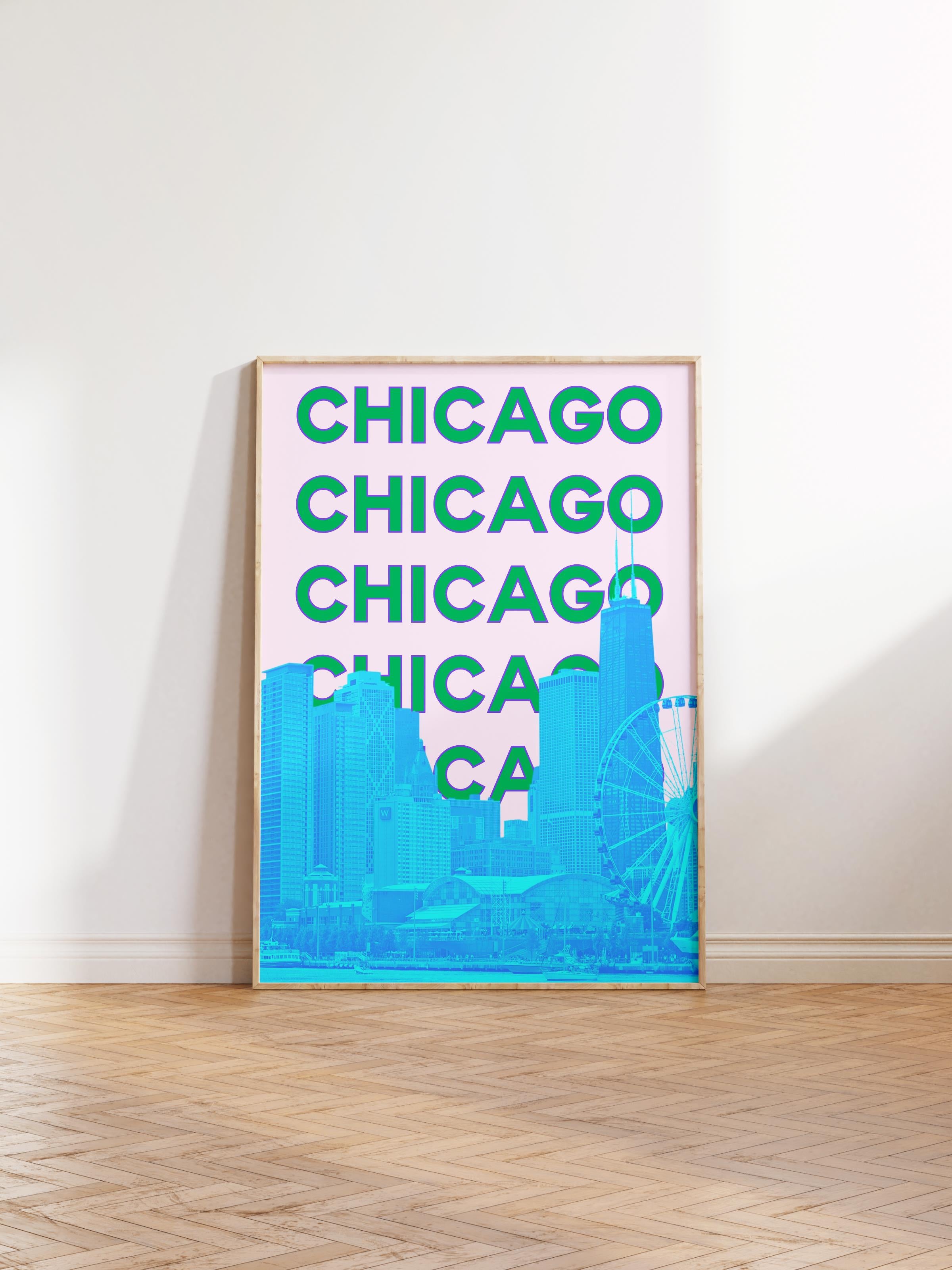 Çerçevesiz Poster İllüstrasyon Şehir - Chicago, Şehirler Serisi, Duvar Posteri, HD Baskı, Kalın Arşivsel Sanat Kağıdı