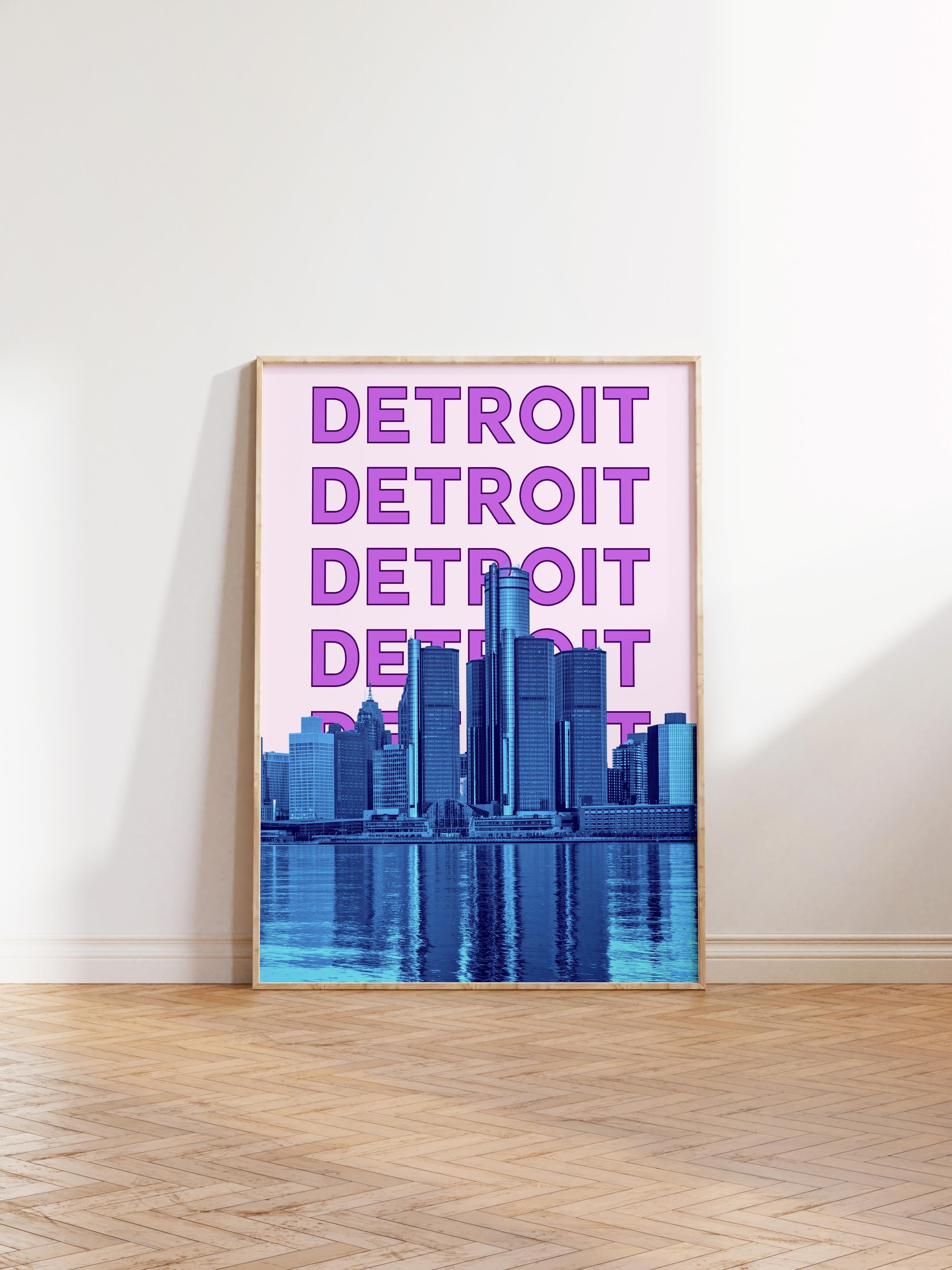 Çerçevesiz Poster İllüstrasyon Şehir - Detroit, Şehirler Serisi, Duvar Posteri, HD Baskı, Kalın Arşivsel Sanat Kağıdı