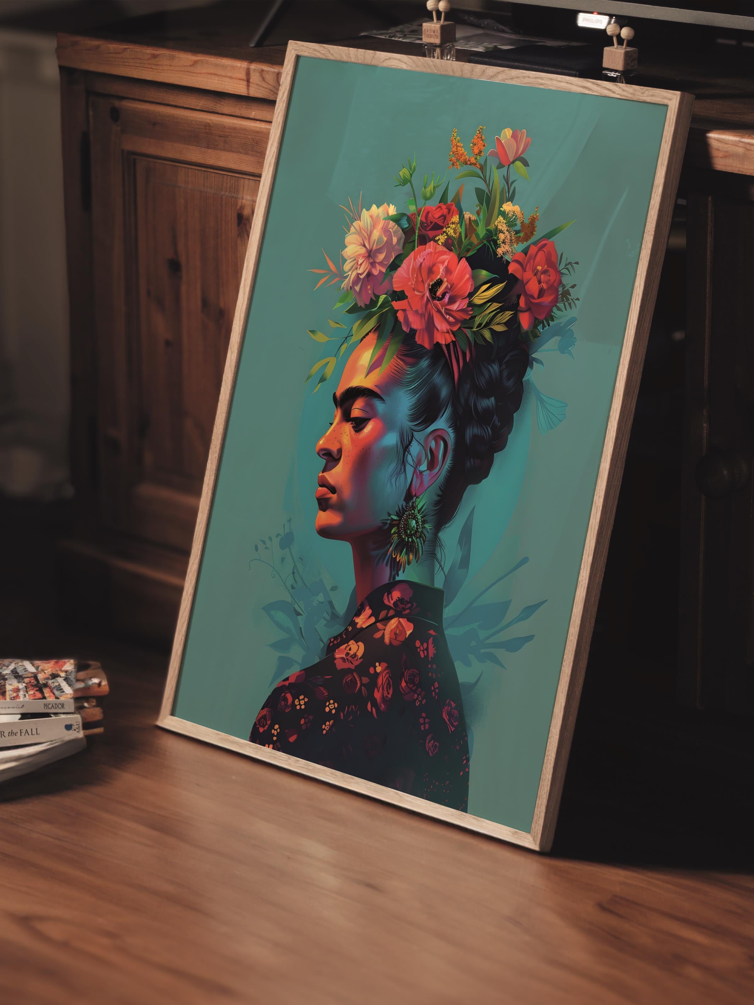 Çerçevesiz Poster Tablo, Duvar Posteri, Sanatsal Baskı, Çiçek Taçlı Frida Kahlo, Maximalist No:67