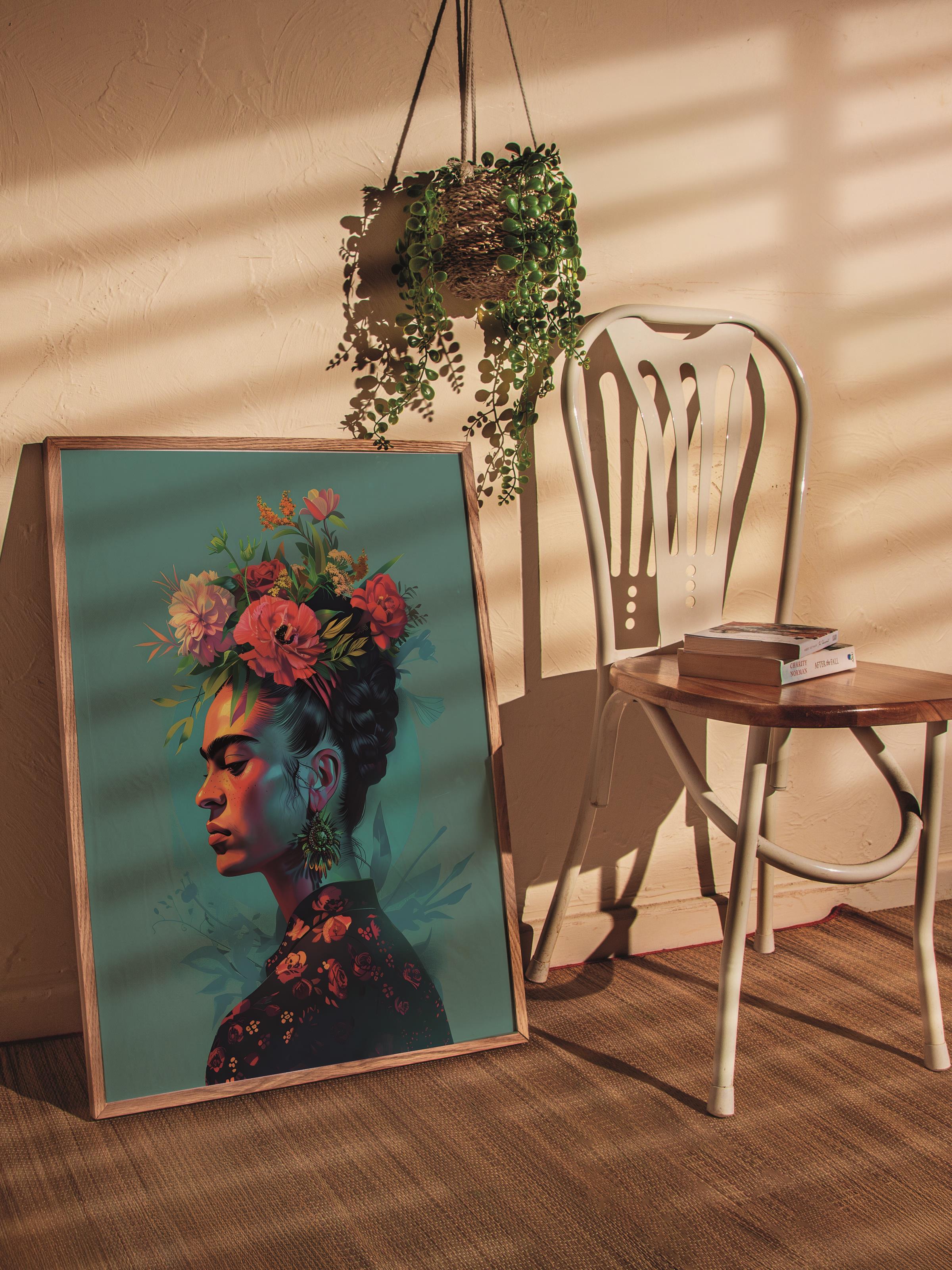 Çerçevesiz Poster Tablo, Duvar Posteri, Sanatsal Baskı, Çiçek Taçlı Frida Kahlo, Maximalist No:67