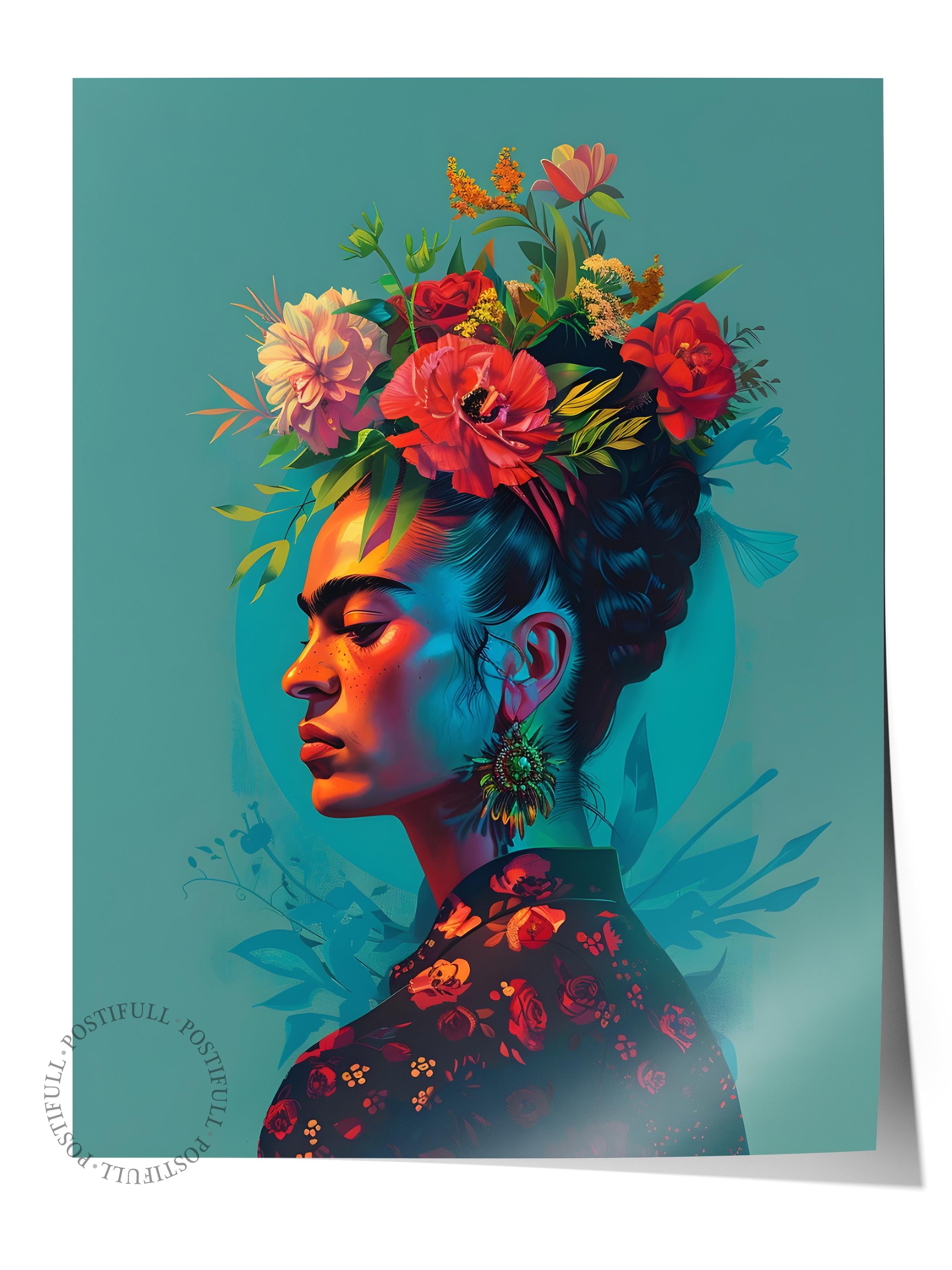 Çerçevesiz Poster Tablo, Duvar Posteri, Sanatsal Baskı, Çiçek Taçlı Frida Kahlo, Maximalist No:67