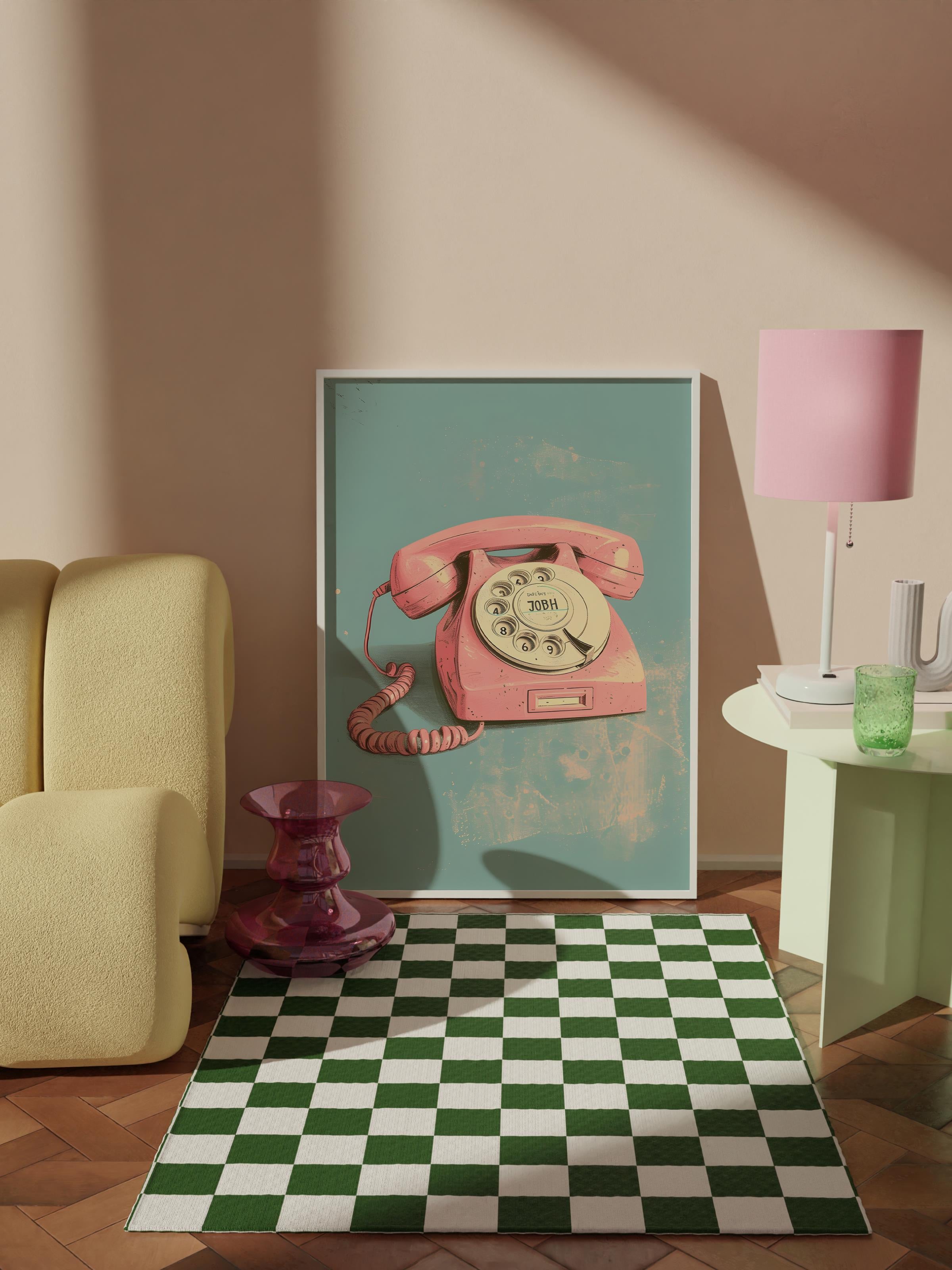 Çerçevesiz Poster Tablo, Duvar Posteri, HD Baskı, Pembe ve Mavi Retro Telefon , Maximalist No:14