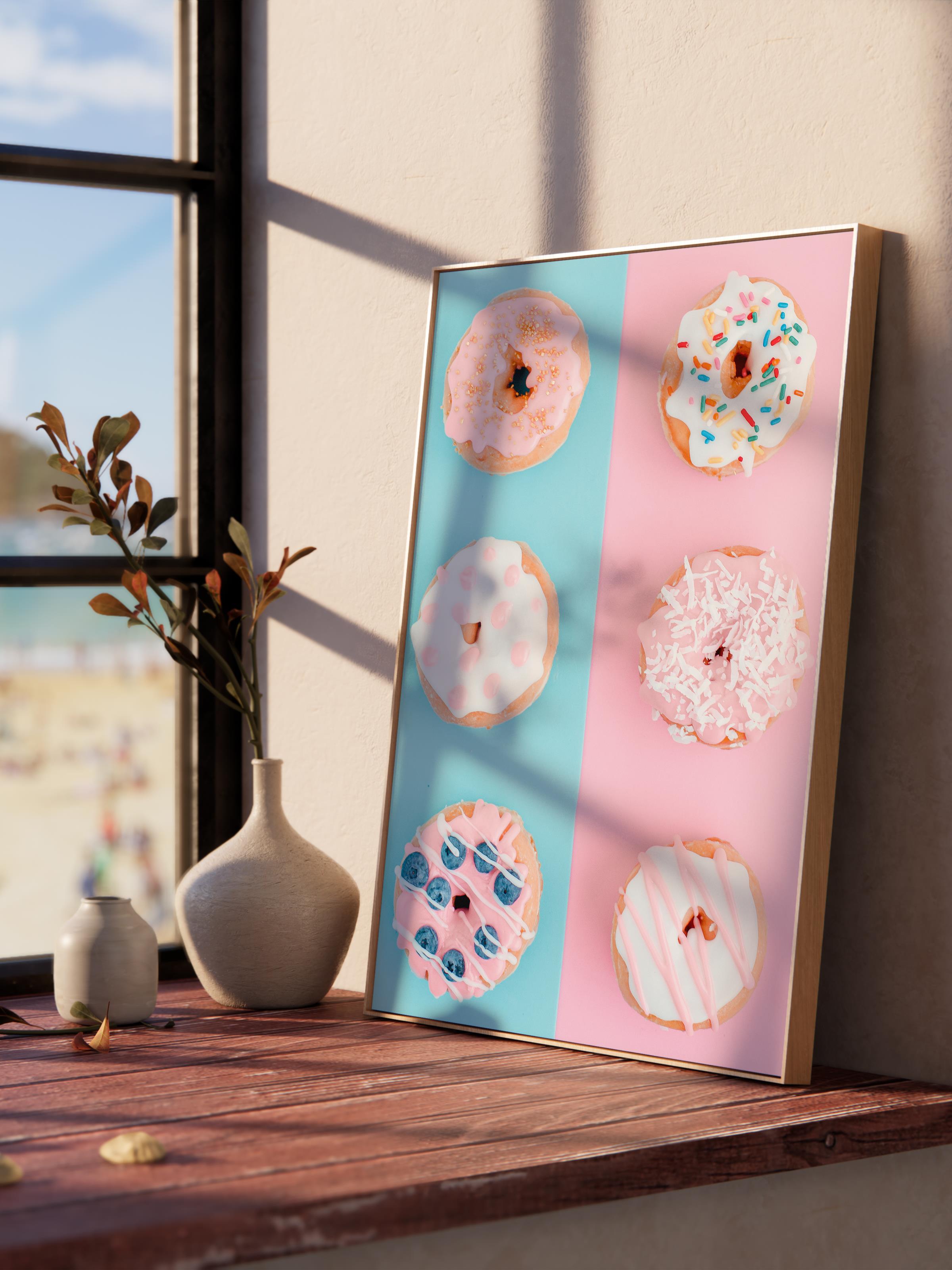 Çerçevesiz Poster, Yaz Temalı Tablo NO:100, Renkli Donutlar Fotoğrafı, Pembe Poster, Dikey