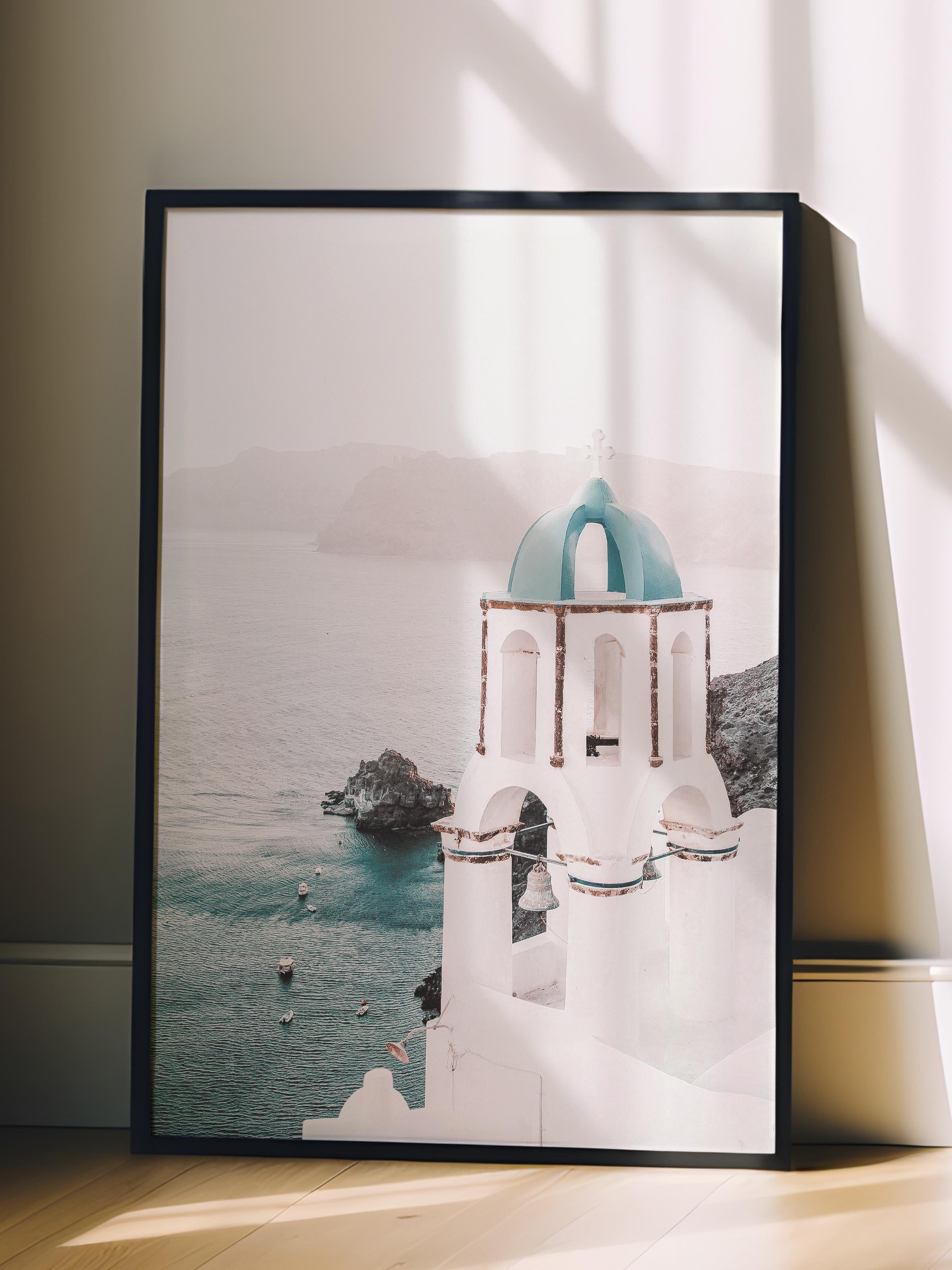 Çerçevesiz Poster, Yaz Temalı Tablo NO:116, Santorini Manzarası Fotoğrafı, Beyaz Poster, Dikey