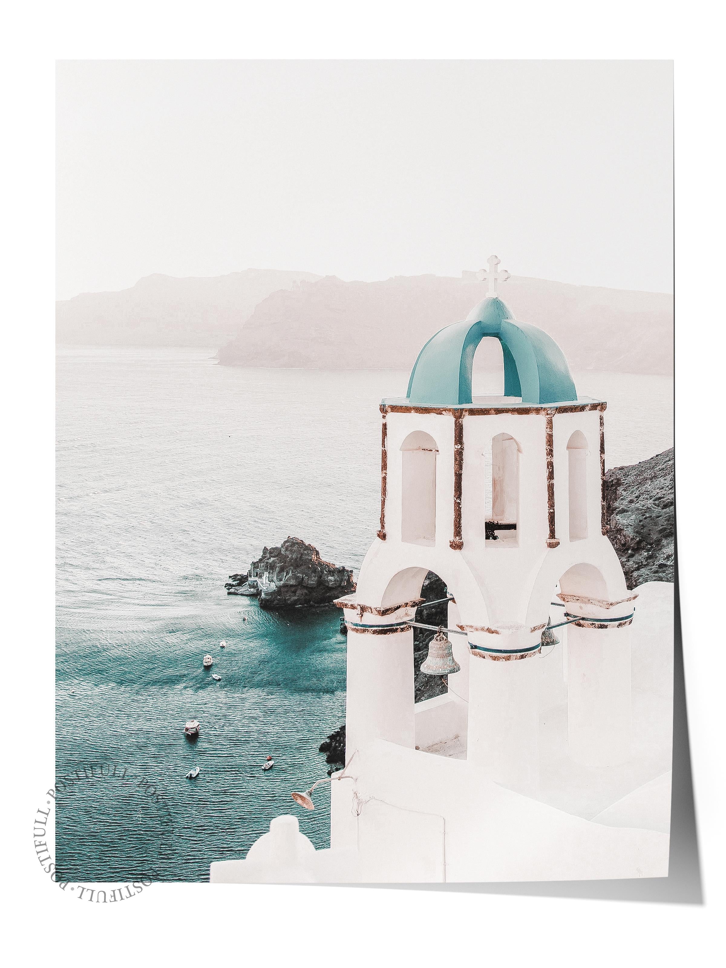 Çerçevesiz Poster, Yaz Temalı Tablo NO:116, Santorini Manzarası Fotoğrafı, Beyaz Poster, Dikey