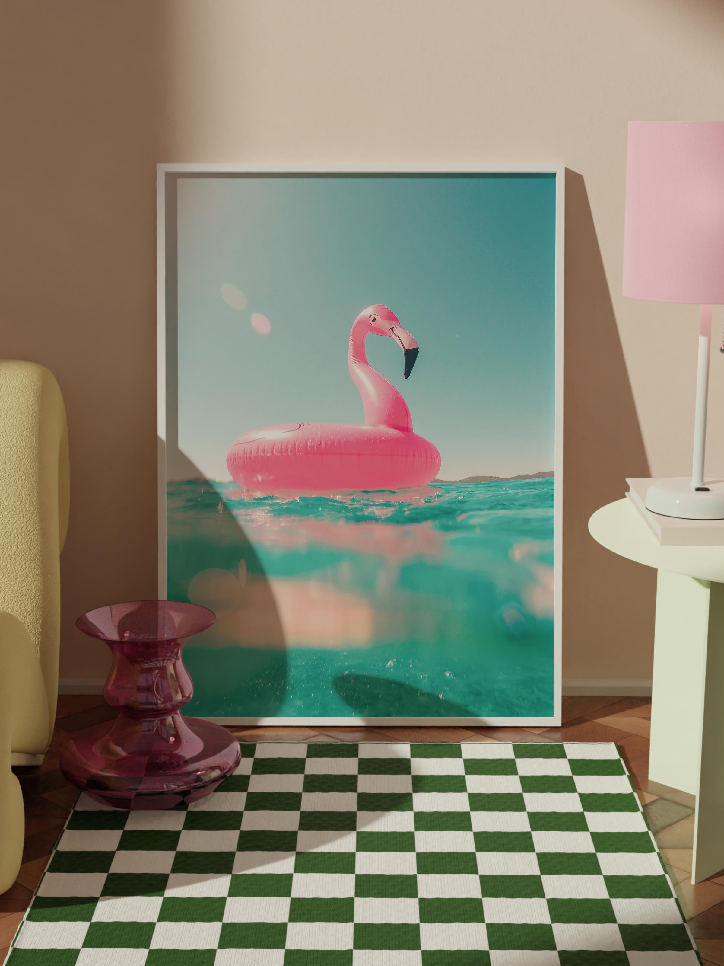 Çerçevesiz Poster, Yaz Temalı Tablo NO:120, Şişme Flamingo Fotoğrafı, Pembe Poster, Dikey