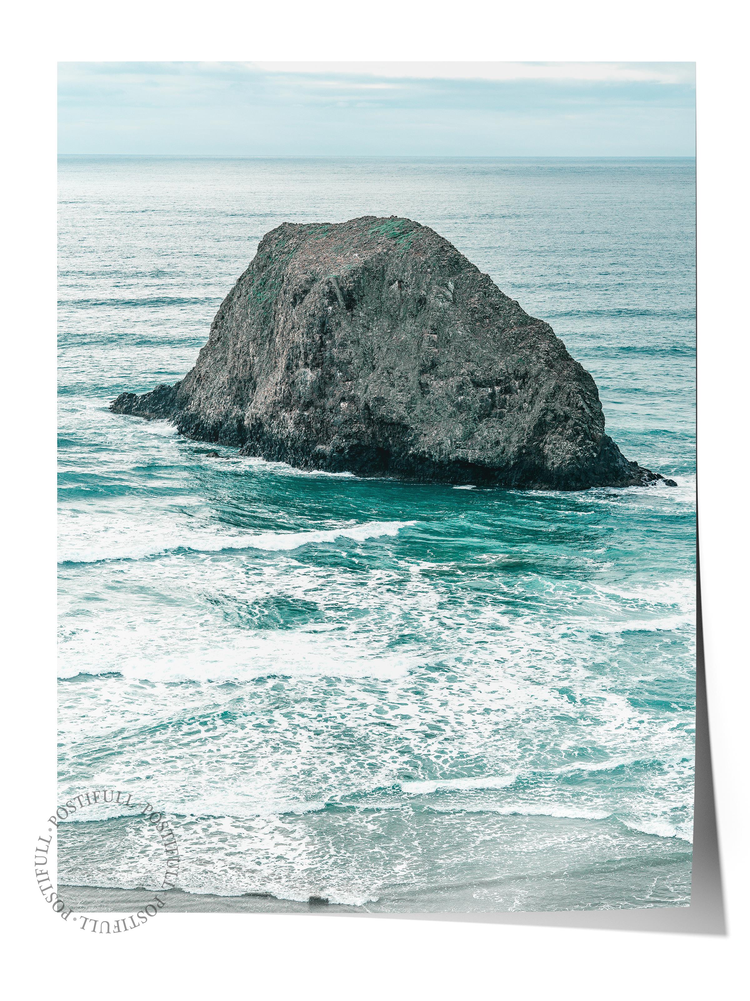 Çerçevesiz Poster, Yaz Temalı Tablo NO:176, Büyük Kaya ve Deniz Fotoğrafı, Beyaz Poster, Dikey