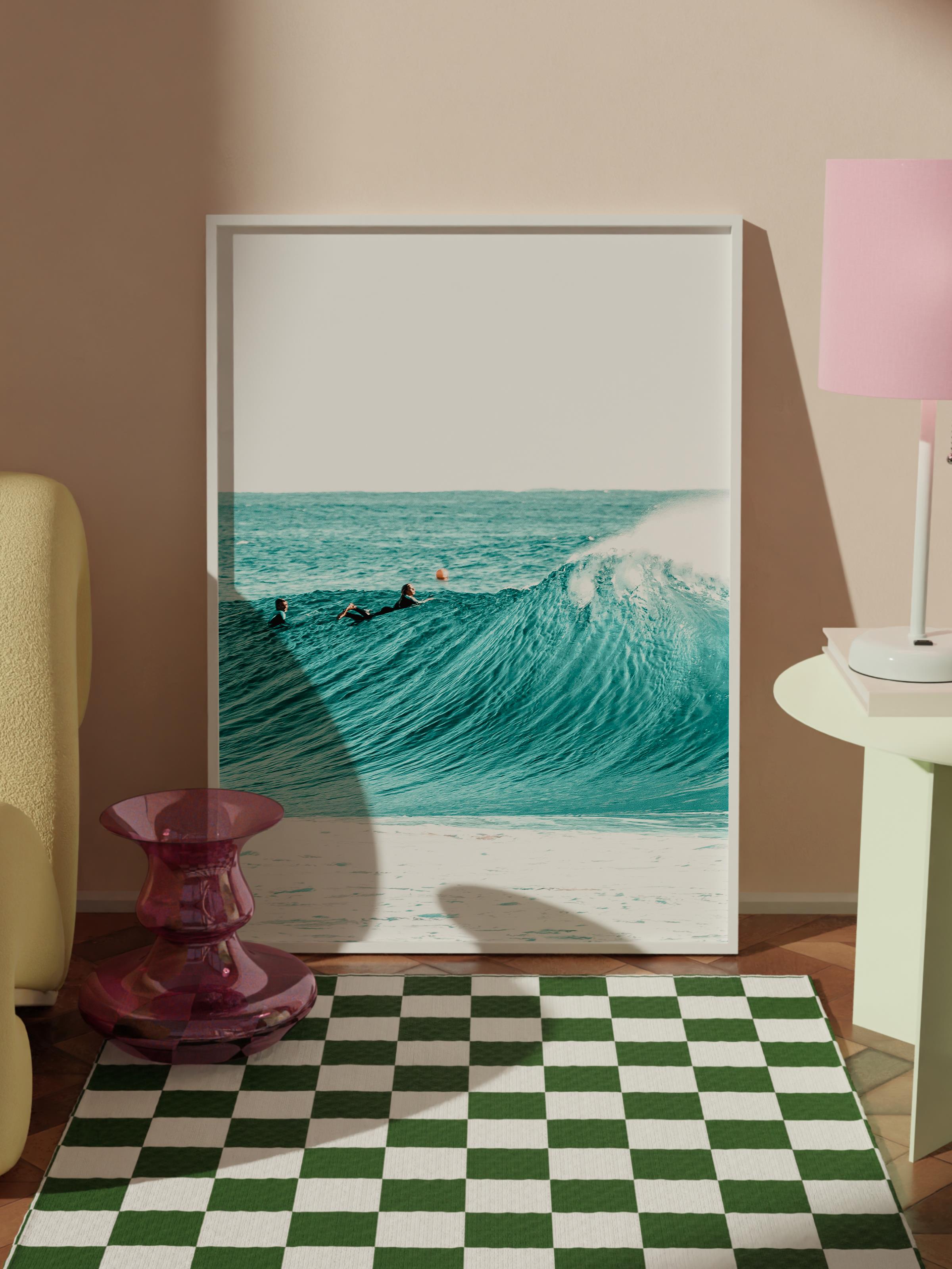Çerçevesiz Poster, Yaz Temalı Tablo NO:187, Dalgada Sörfçü Fotoğrafı, Mavi Poster, Dikey