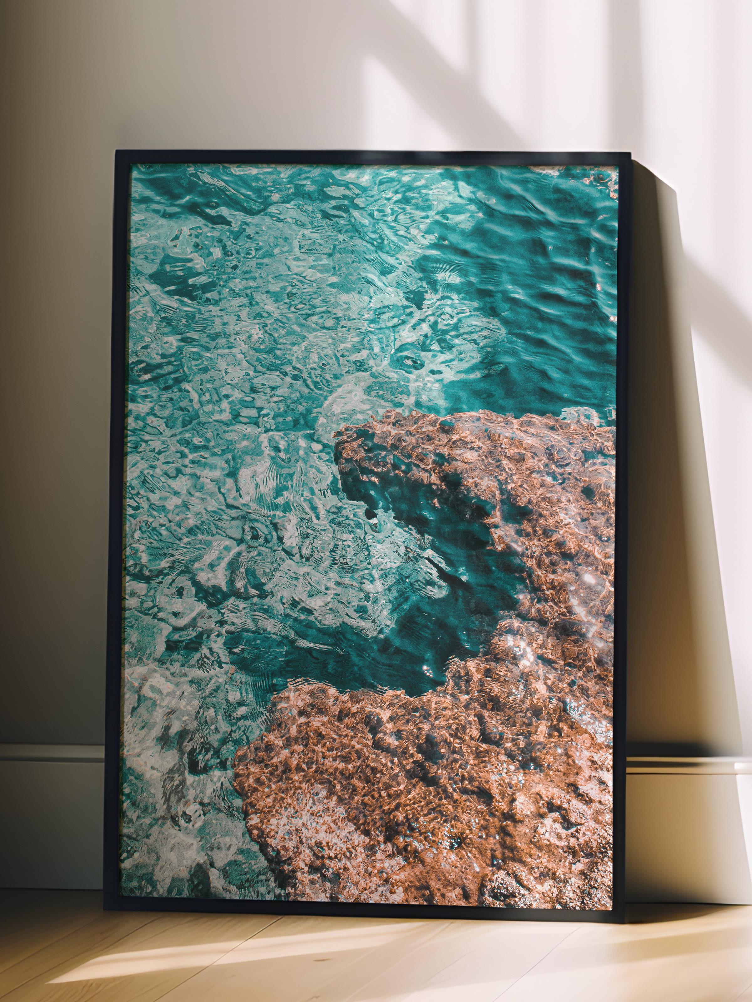Çerçevesiz Poster, Yaz Temalı Tablo NO:232, Deniz ve Kayalıklar Fotoğrafı, Mavi Poster, Dikey