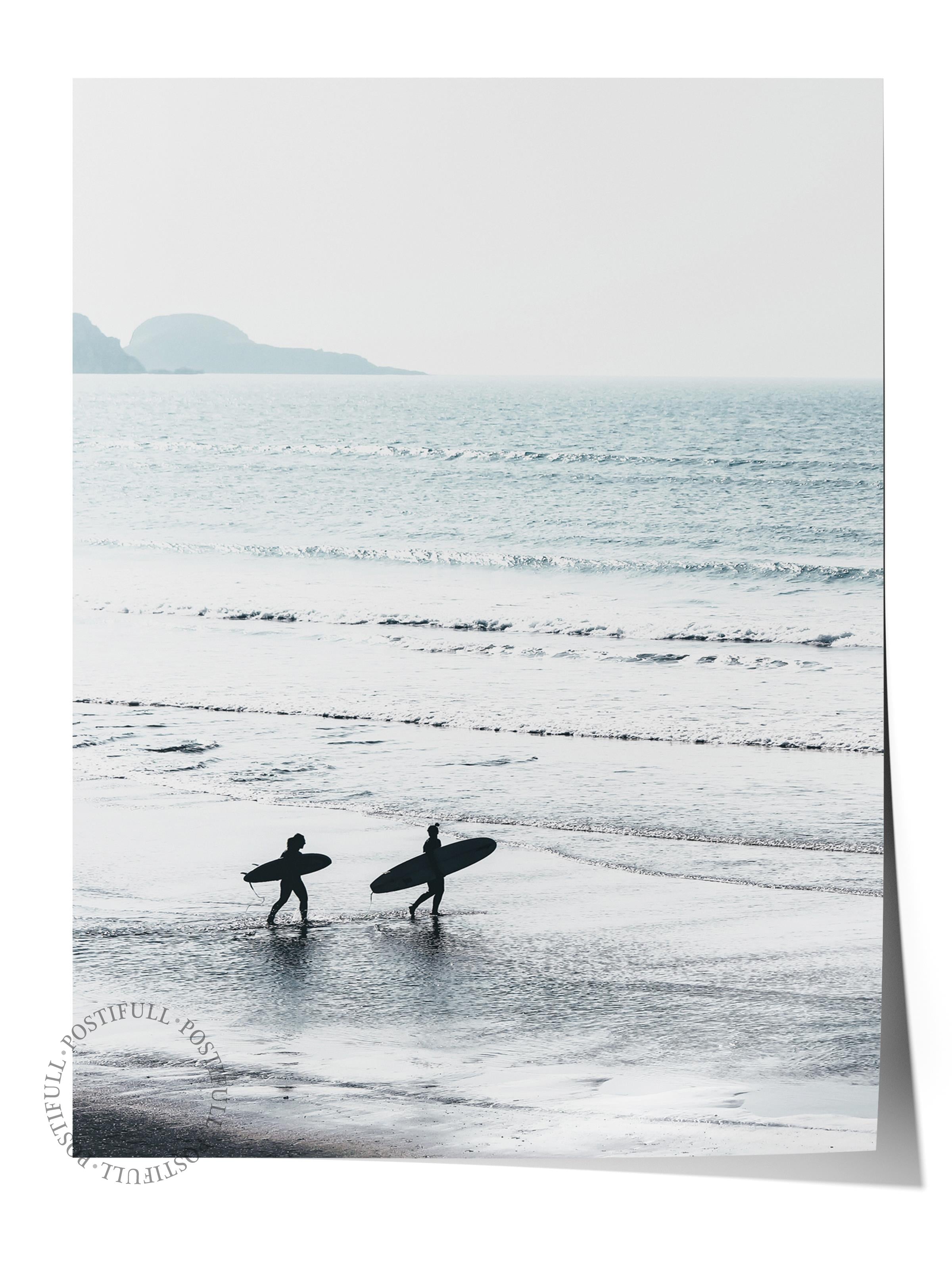 Çerçevesiz Poster, Yaz Temalı Tablo NO:254, Sörfçüler ve Sahil Fotoğrafı, Beyaz Poster, Dikey