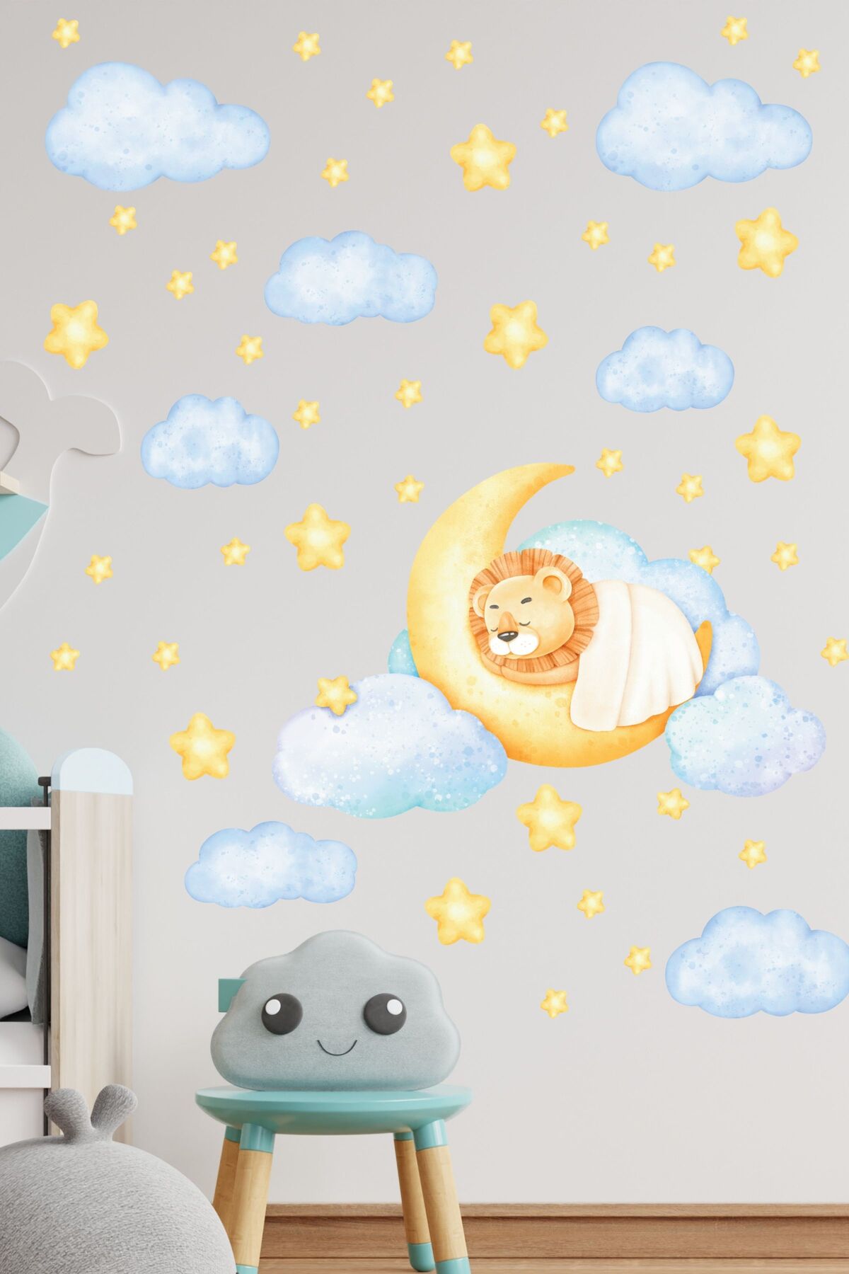 Çocuk Bebek Odası Sticker Seti, Sarı Uyuyan Aslan Temalı Çocuk ve Bebek Odası Duvar Stickerı