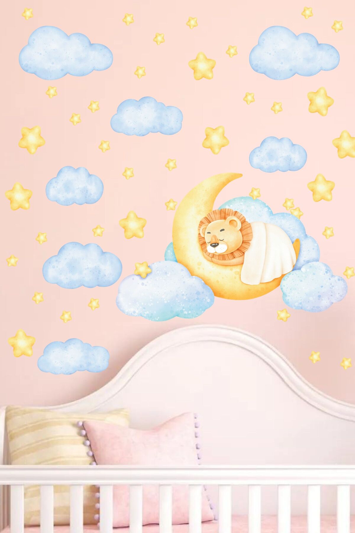 Çocuk Bebek Odası Sticker Seti, Sarı Uyuyan Aslan Temalı Çocuk ve Bebek Odası Duvar Stickerı