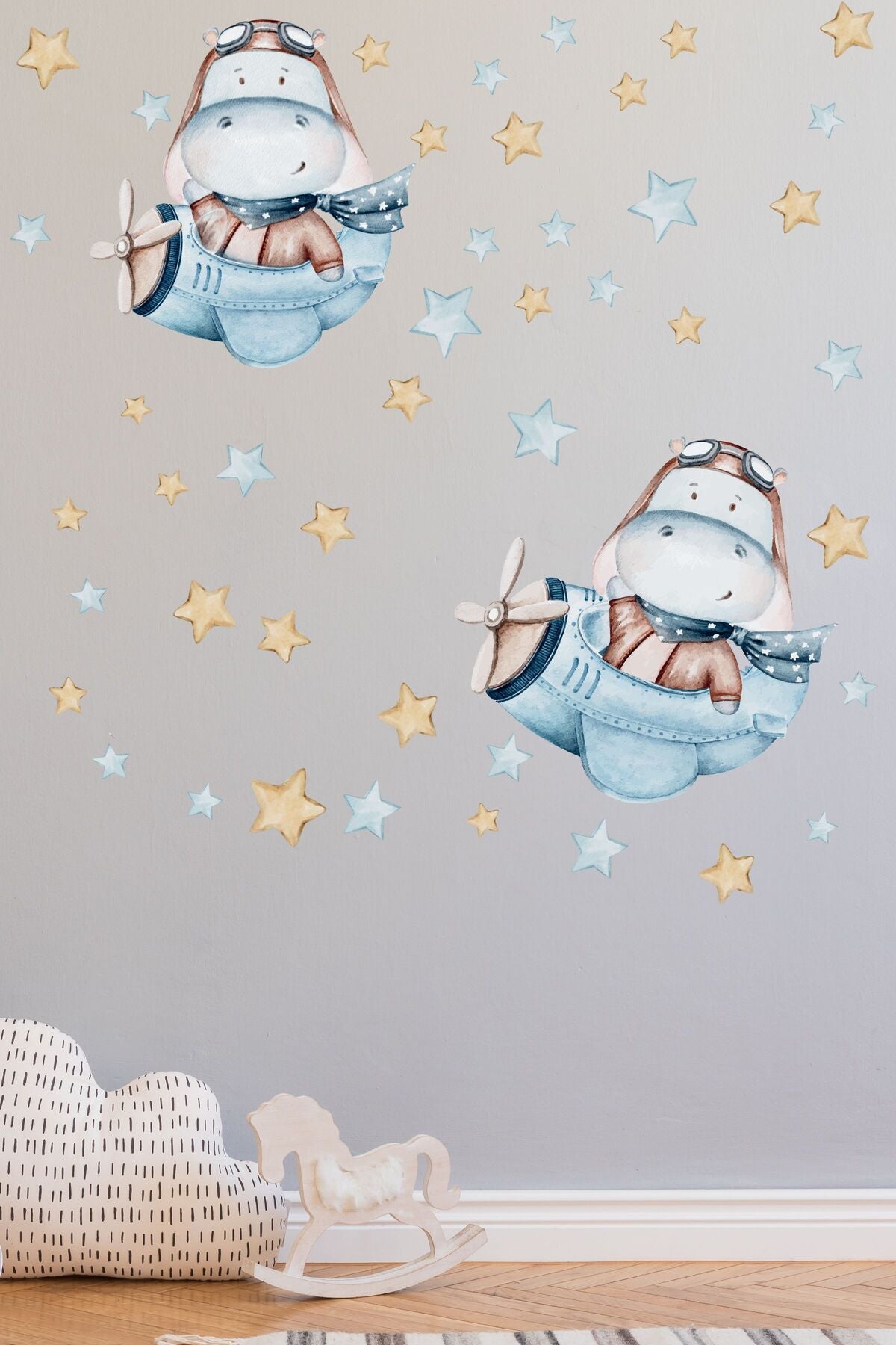 Çocuk Bebek Odası Sticker Seti, Uçak ve Su Aygırı Duvar Dekoru, Çocuk ve Bebek Odası Duvar Stickerı