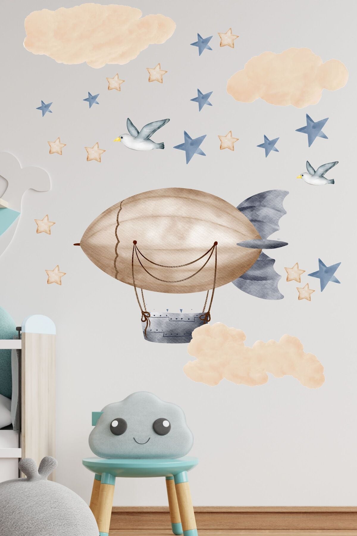 Çocuk Bebek Odası Sticker Seti, Uçan Balonlar ve Gökyüzü Temalı, Boho ve Soft Duvar Stickerı