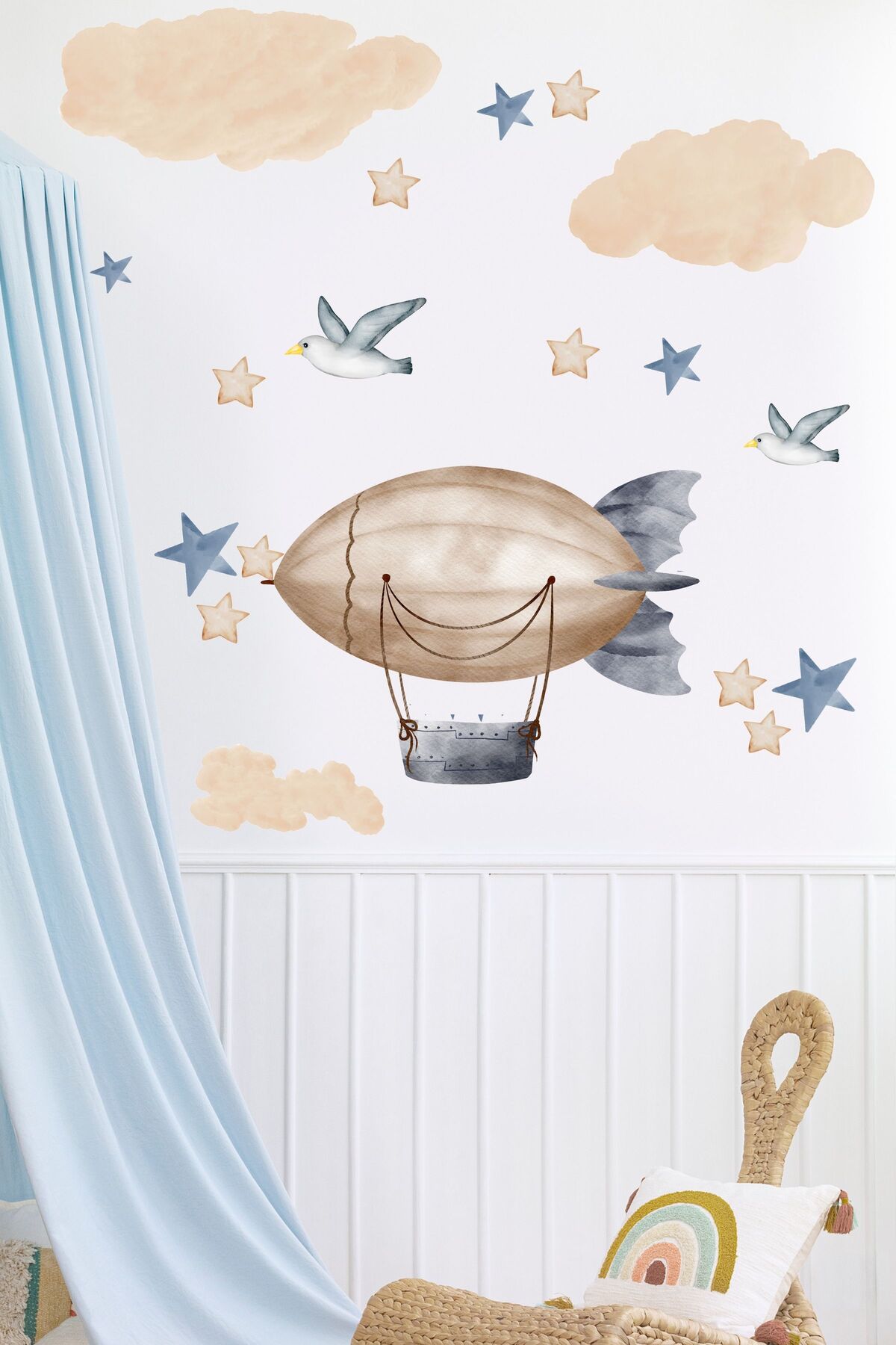Çocuk Bebek Odası Sticker Seti, Uçan Balonlar ve Gökyüzü Temalı, Boho ve Soft Duvar Stickerı