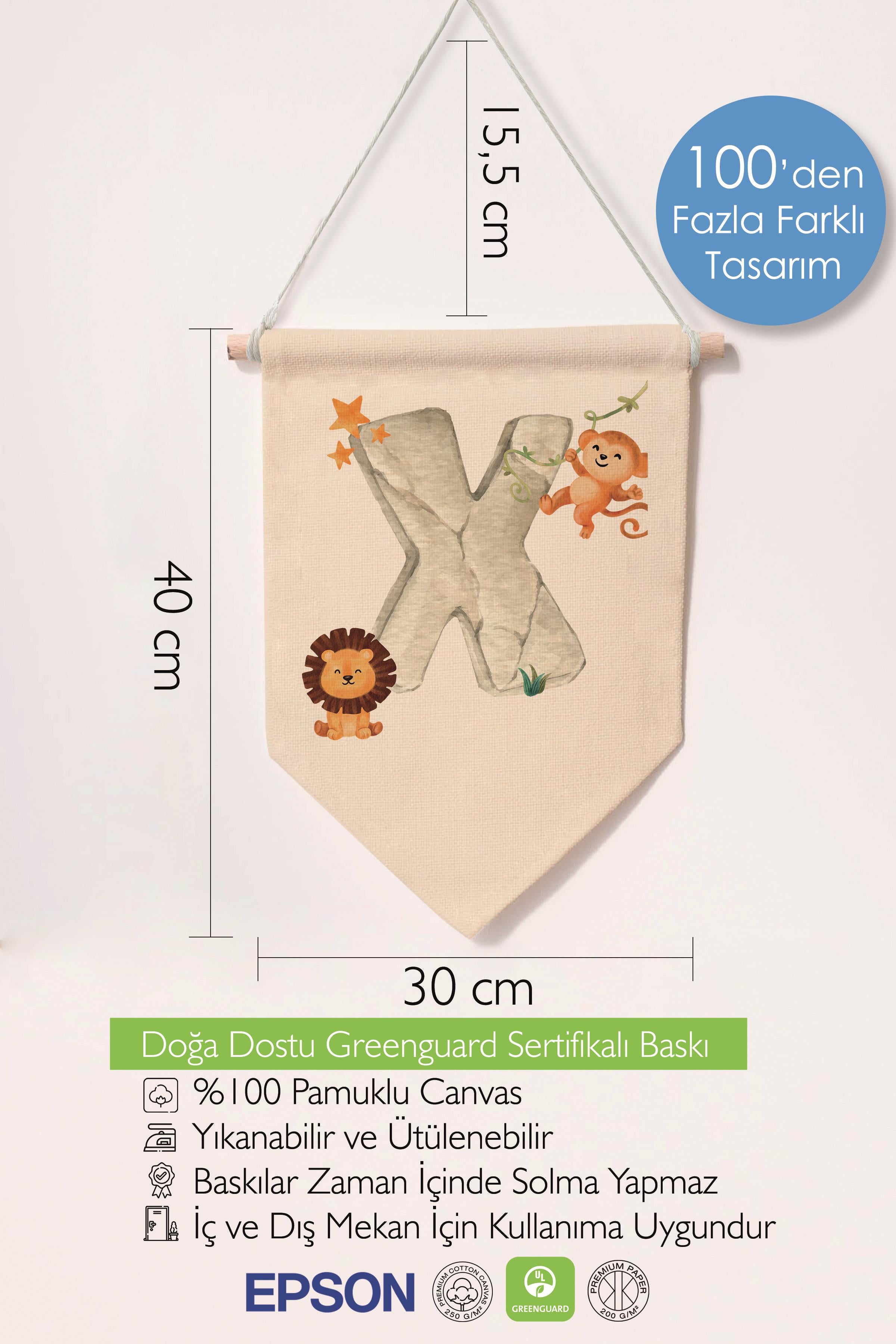 Çocuk Odası Dekor, Duvar Süsü, Ahşap Bebek Odası Dekor, Canvas Flama, Safari ve Hayvanlı X Harfi