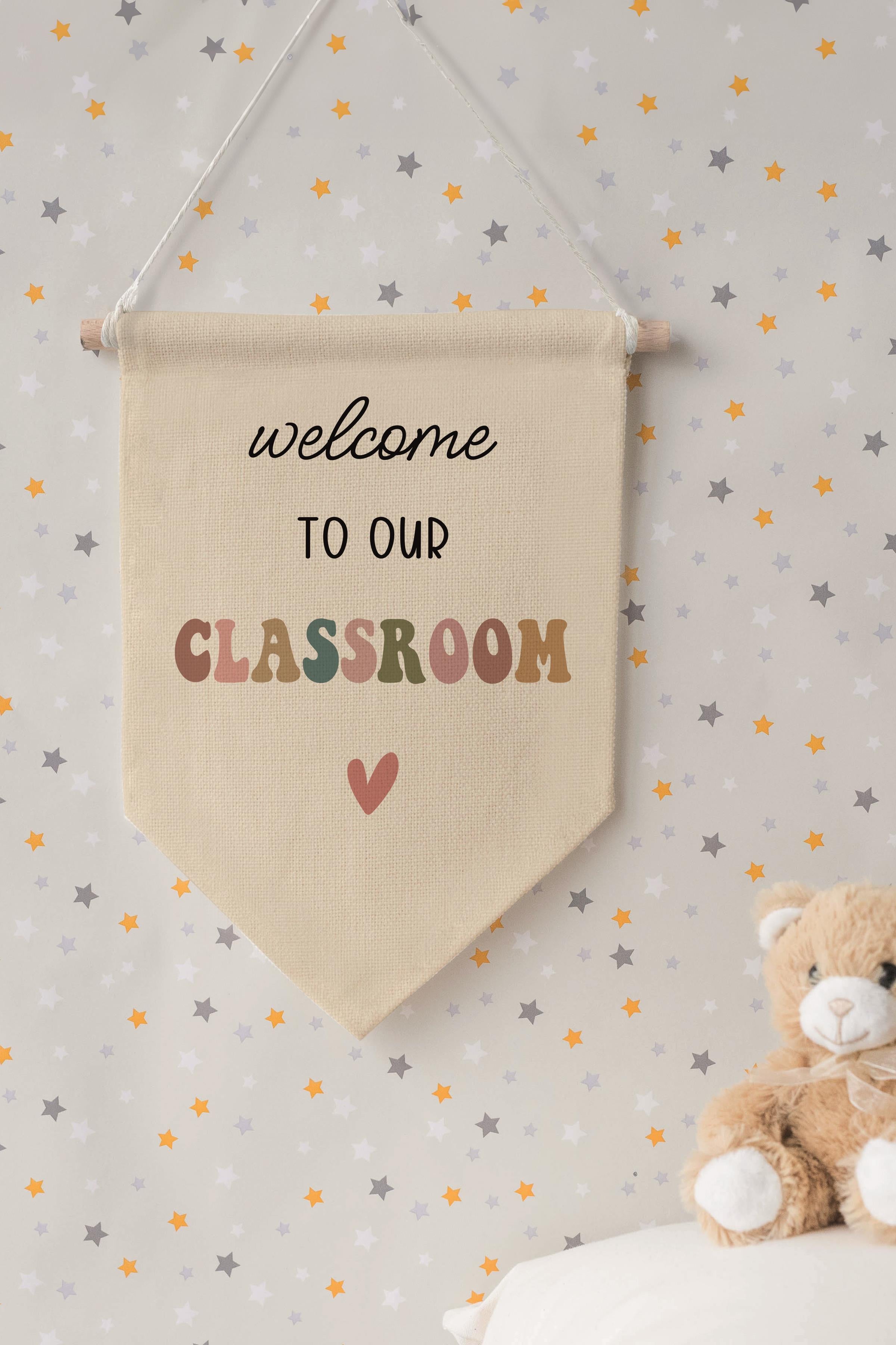 Çocuk Odası Dekor, Duvar Süsü, Ahşap Bebek Odası Dekor, Canvas Flama, Welcome to Our Classroom