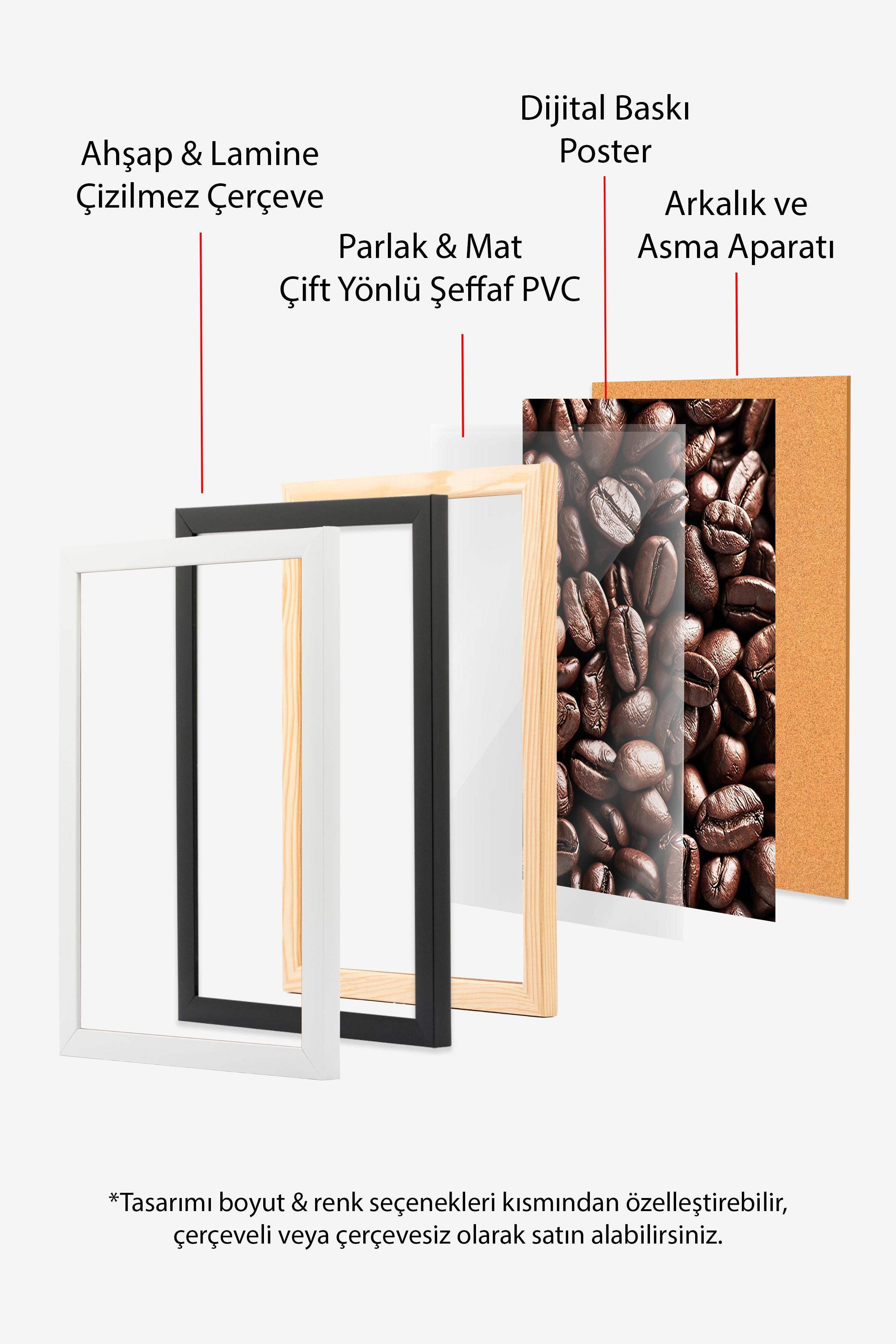 Coffee Beans Çerçeveli Tablo, Ahşap Çerçeve ve Poster, Dikey Duvar Tablosu Comfort Serisi NO:108404