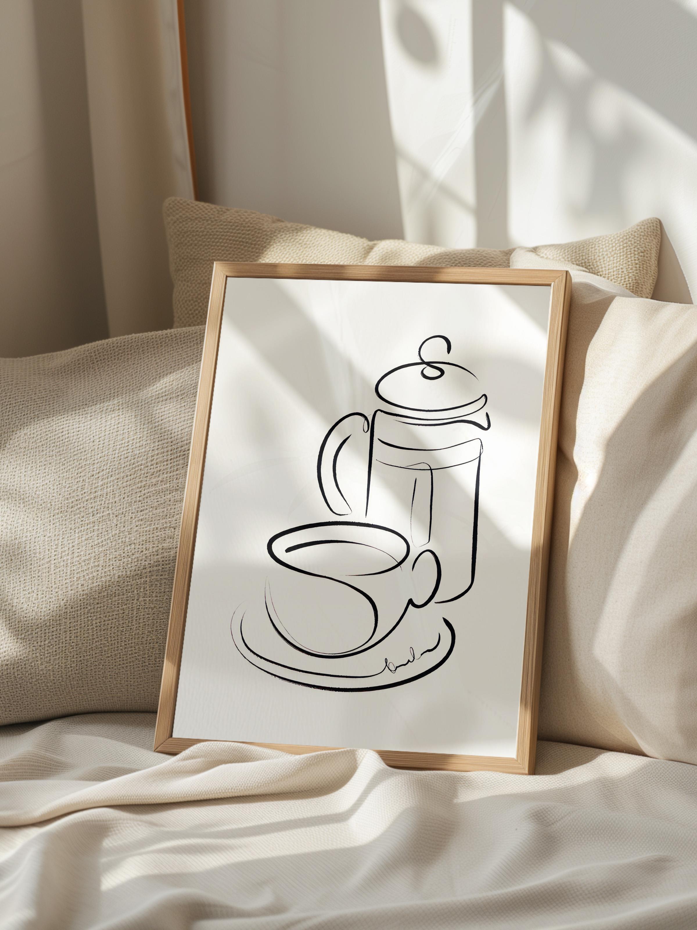 Coffee Line Art Çerçeveli Tablo, Ahşap Çerçeve ve Poster, Duvar Tablosu Comfort Serisi NO:108559