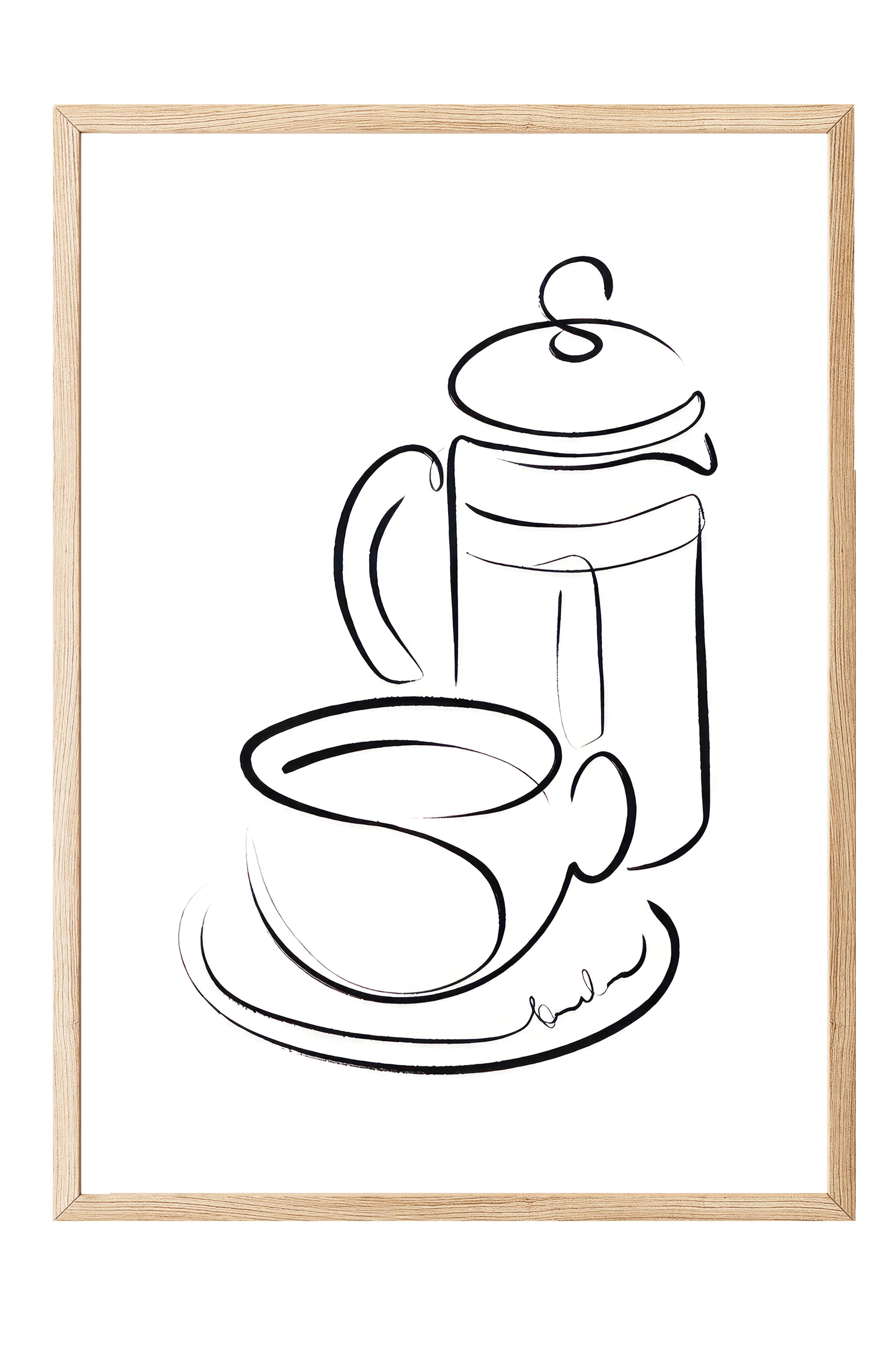 Coffee Line Art Çerçeveli Tablo, Ahşap Çerçeve ve Poster, Duvar Tablosu Comfort Serisi NO:108559