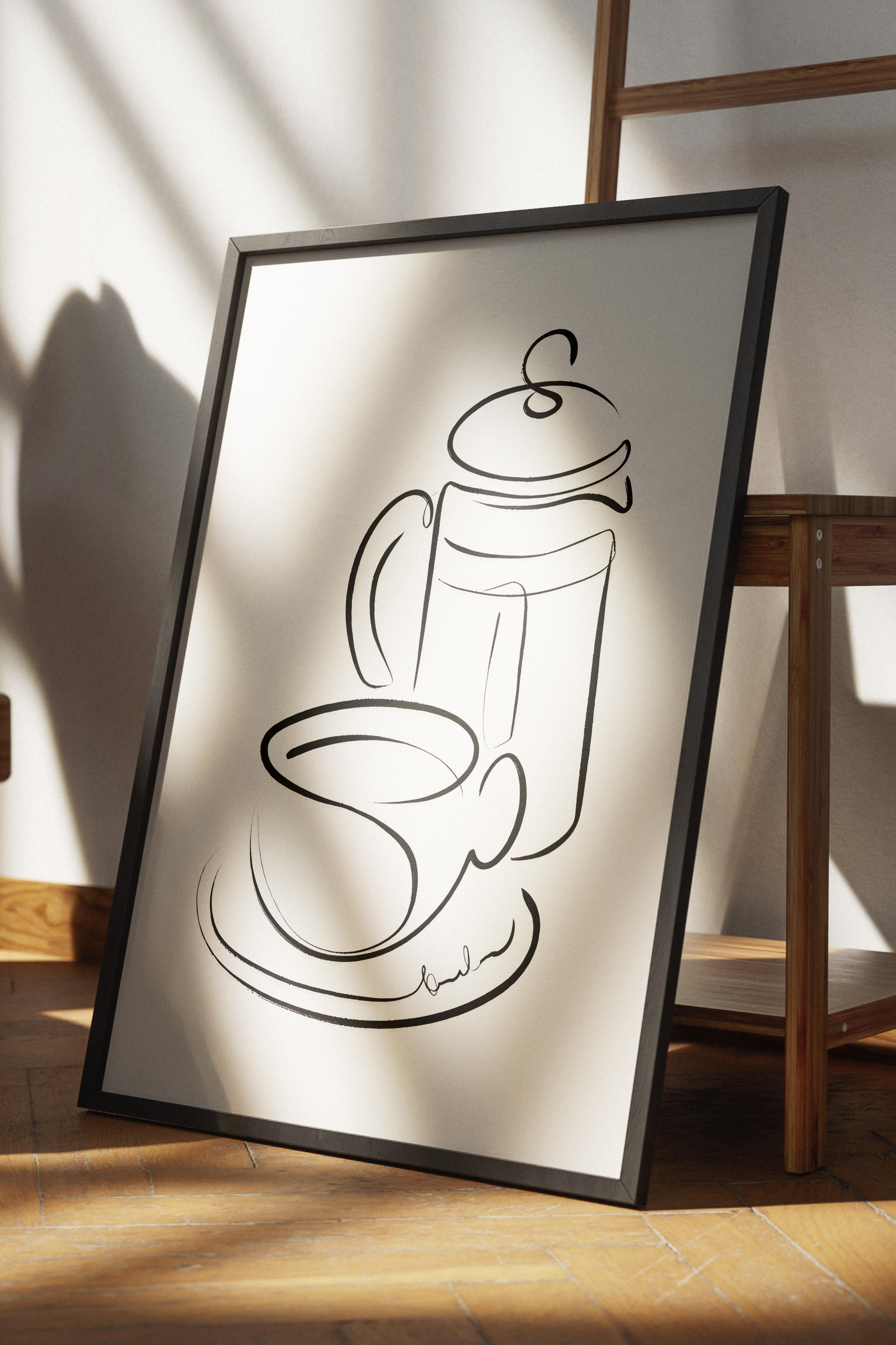 Coffee Line Art Çerçeveli Tablo, Siyah Çerçeve ve Poster, Duvar Tablosu Comfort Serisi NO:108559