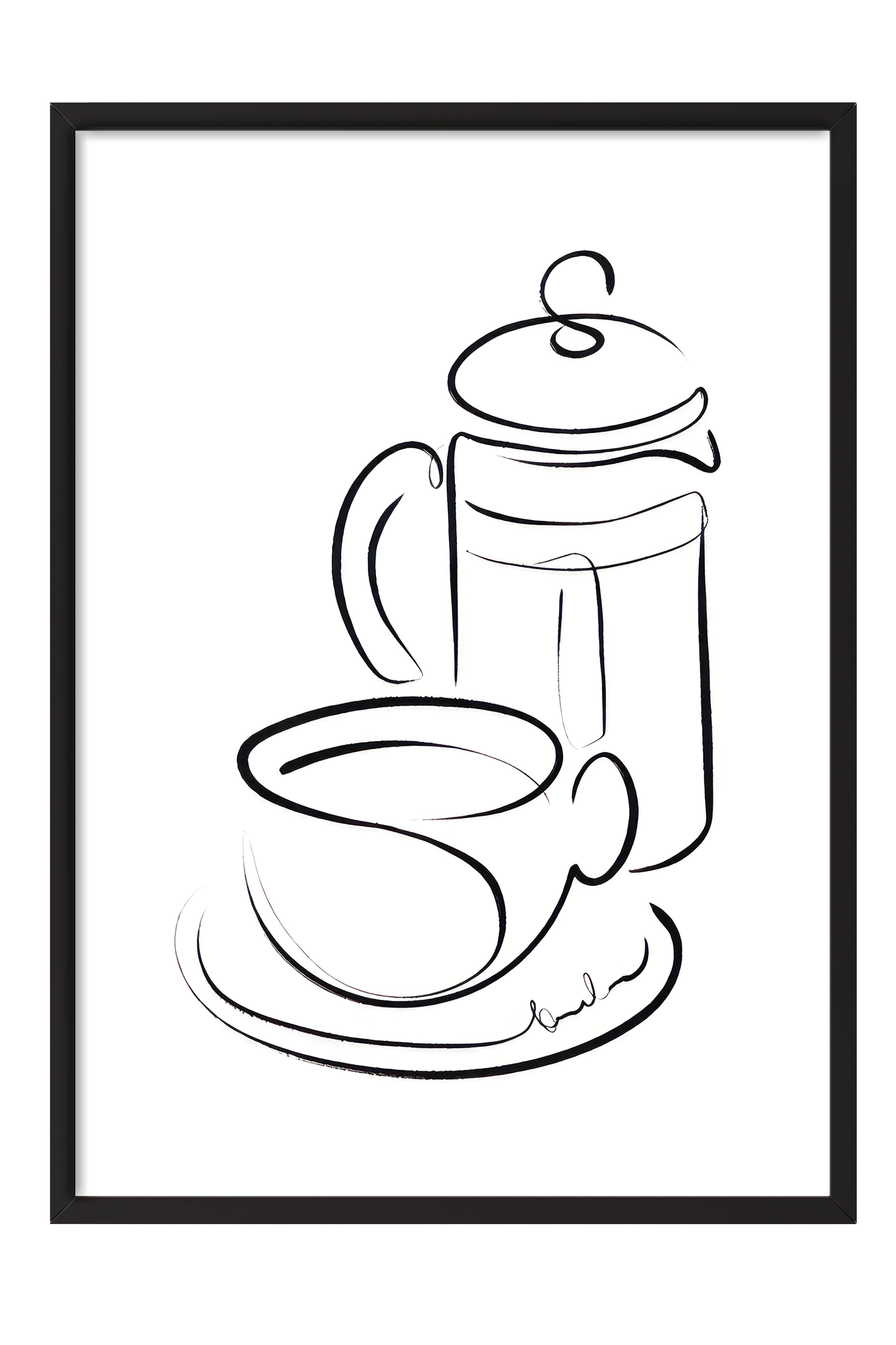 Coffee Line Art Çerçeveli Tablo, Siyah Çerçeve ve Poster, Duvar Tablosu Comfort Serisi NO:108559