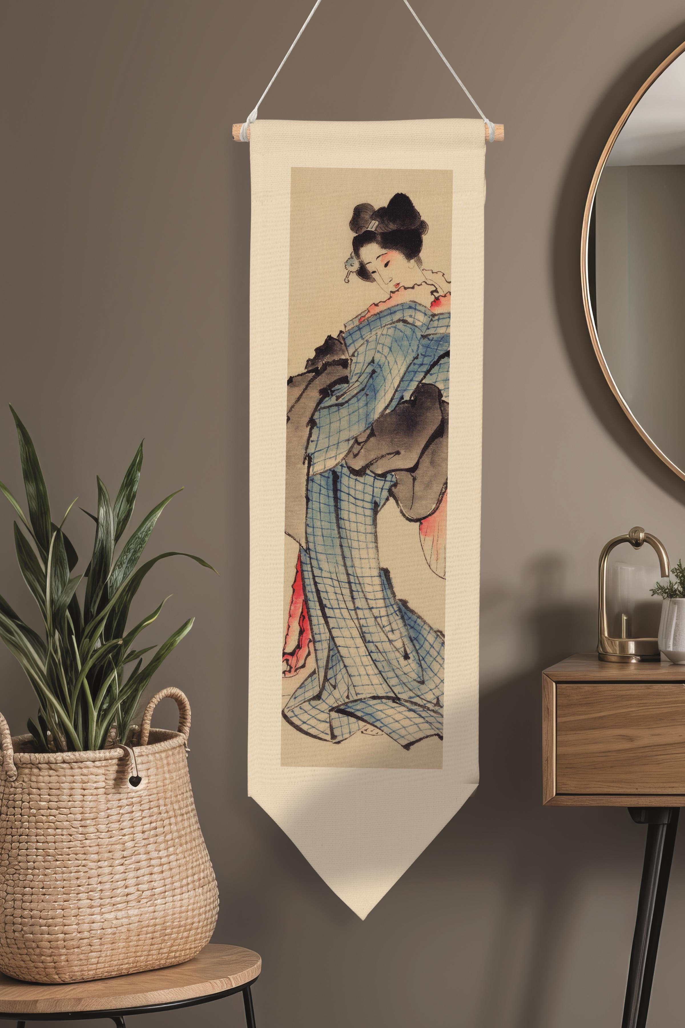 Duvar Halısı Pinterest Dekoru, Hokusai Sanat Serisi 100cm Kanvas Flama Askılı Duvar Örtüsü NO:648