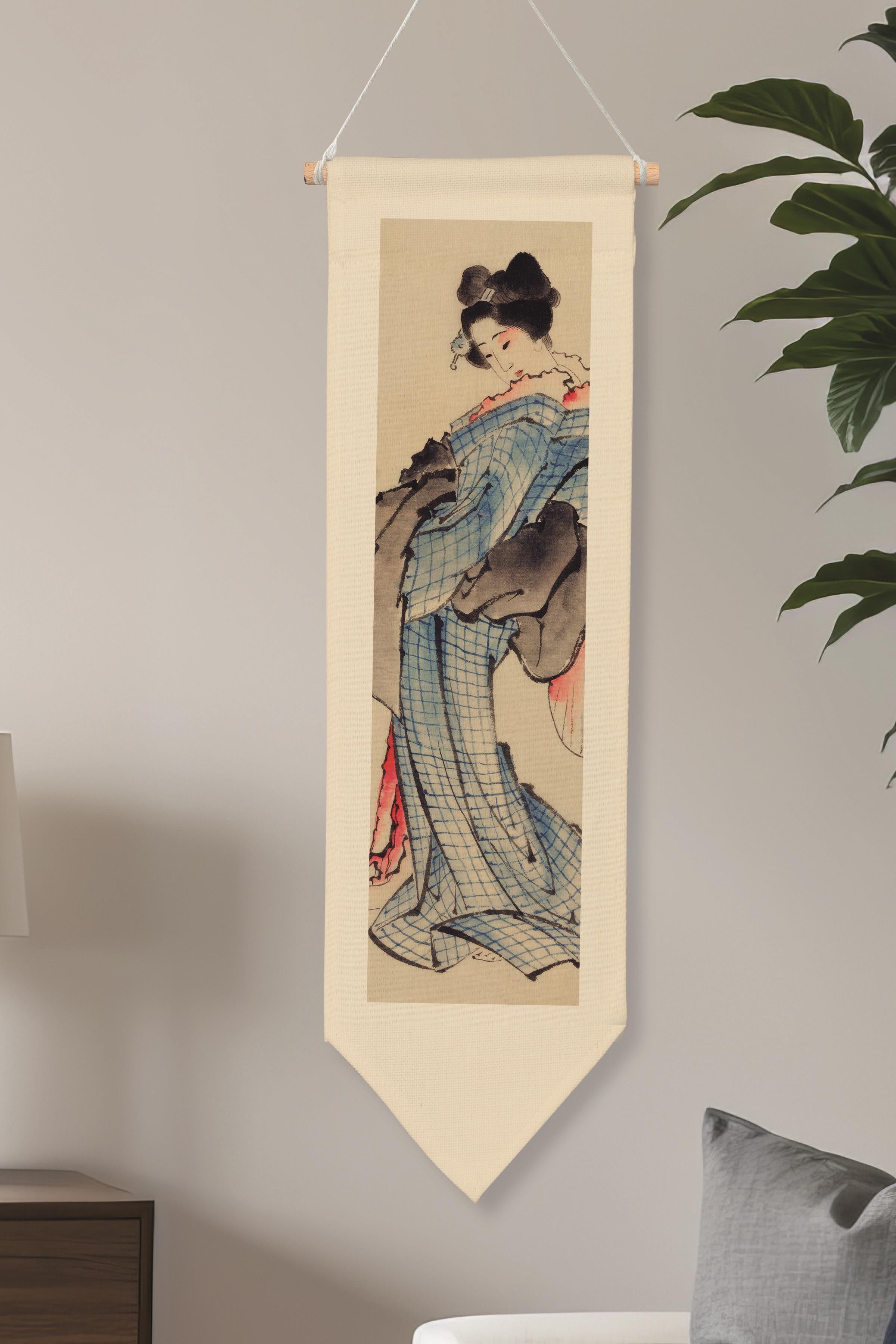 Duvar Halısı Pinterest Dekoru, Hokusai Sanat Serisi 100cm Kanvas Flama Askılı Duvar Örtüsü NO:648