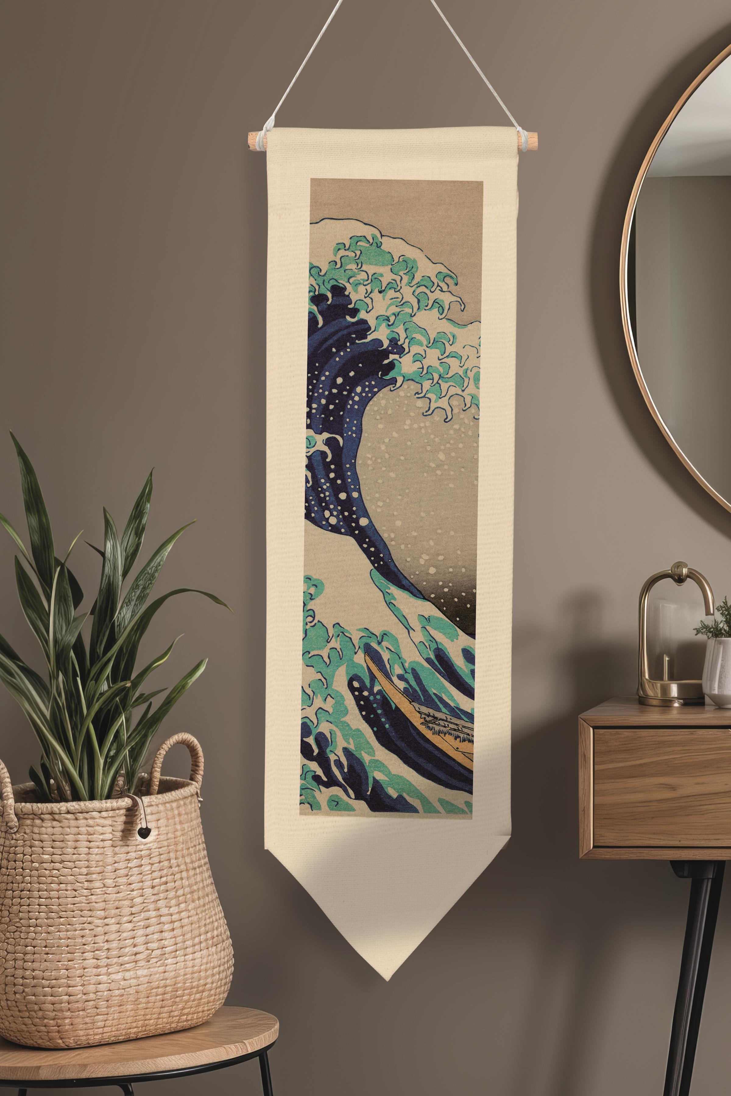 Duvar Halısı Pinterest Dekoru, Hokusai Sanat Serisi 100cm Kanvas Flama Askılı Duvar Örtüsü NO:649