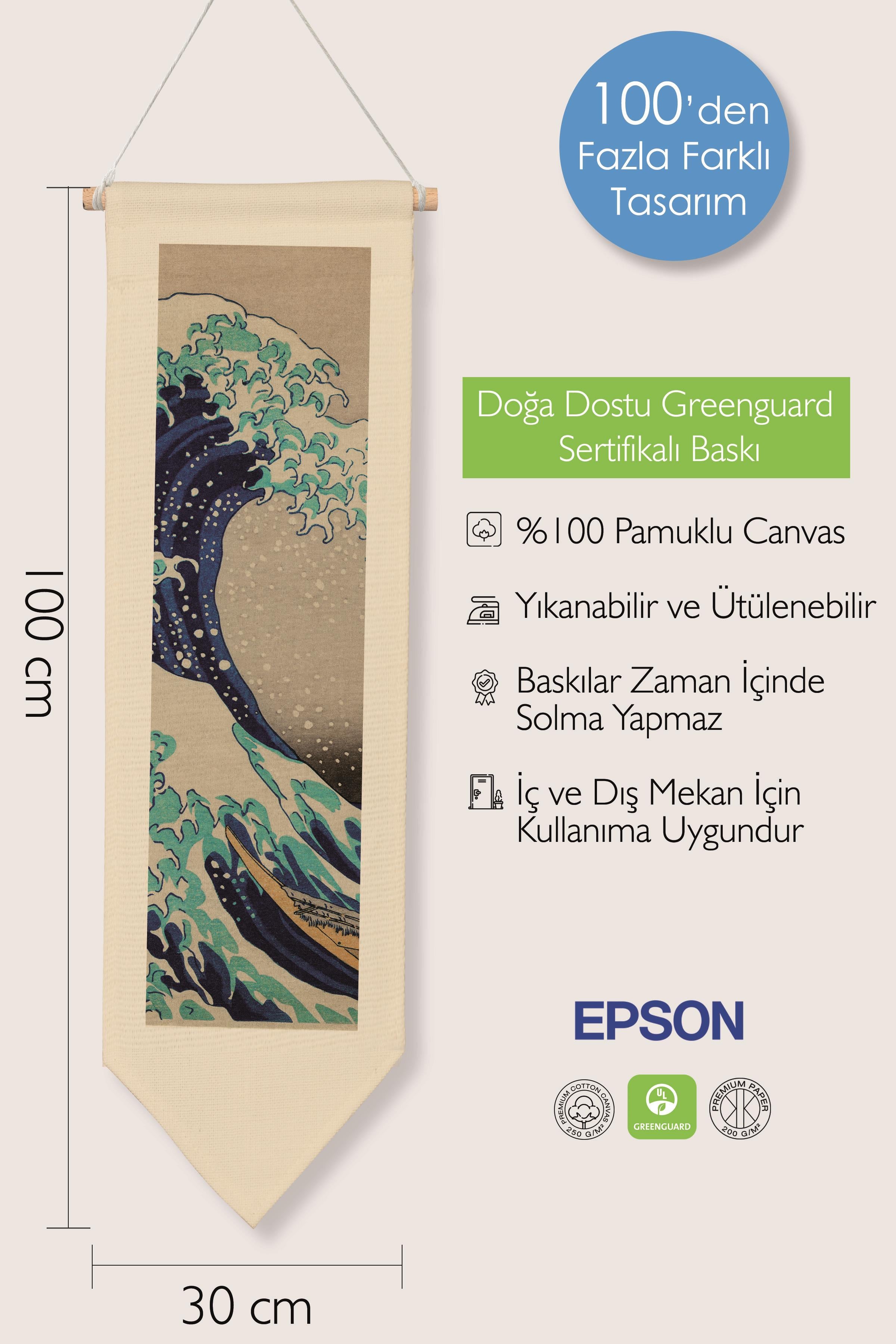 Duvar Halısı Pinterest Dekoru, Hokusai Sanat Serisi 100cm Kanvas Flama Askılı Duvar Örtüsü NO:649