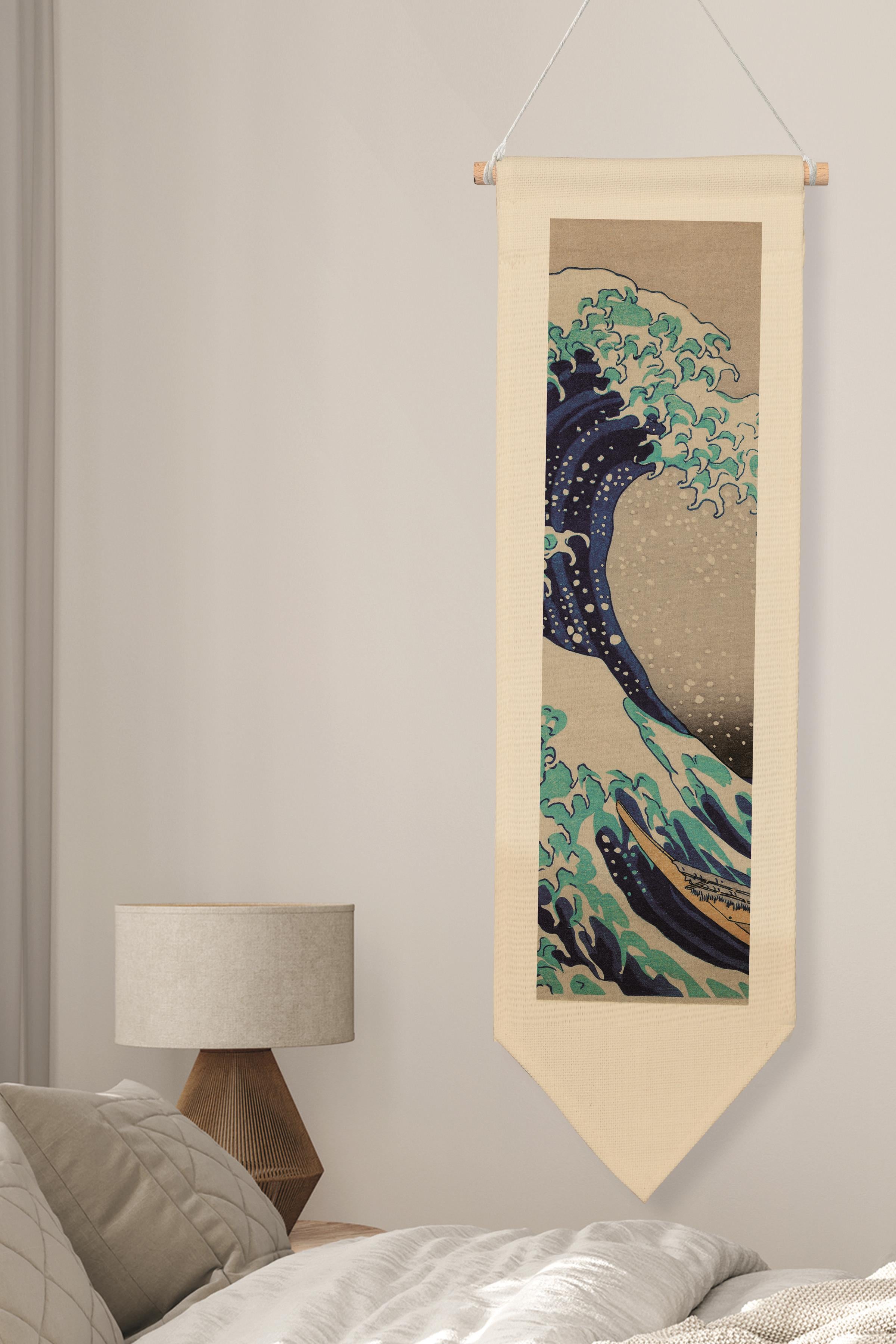 Duvar Halısı Pinterest Dekoru, Hokusai Sanat Serisi 100cm Kanvas Flama Askılı Duvar Örtüsü NO:649