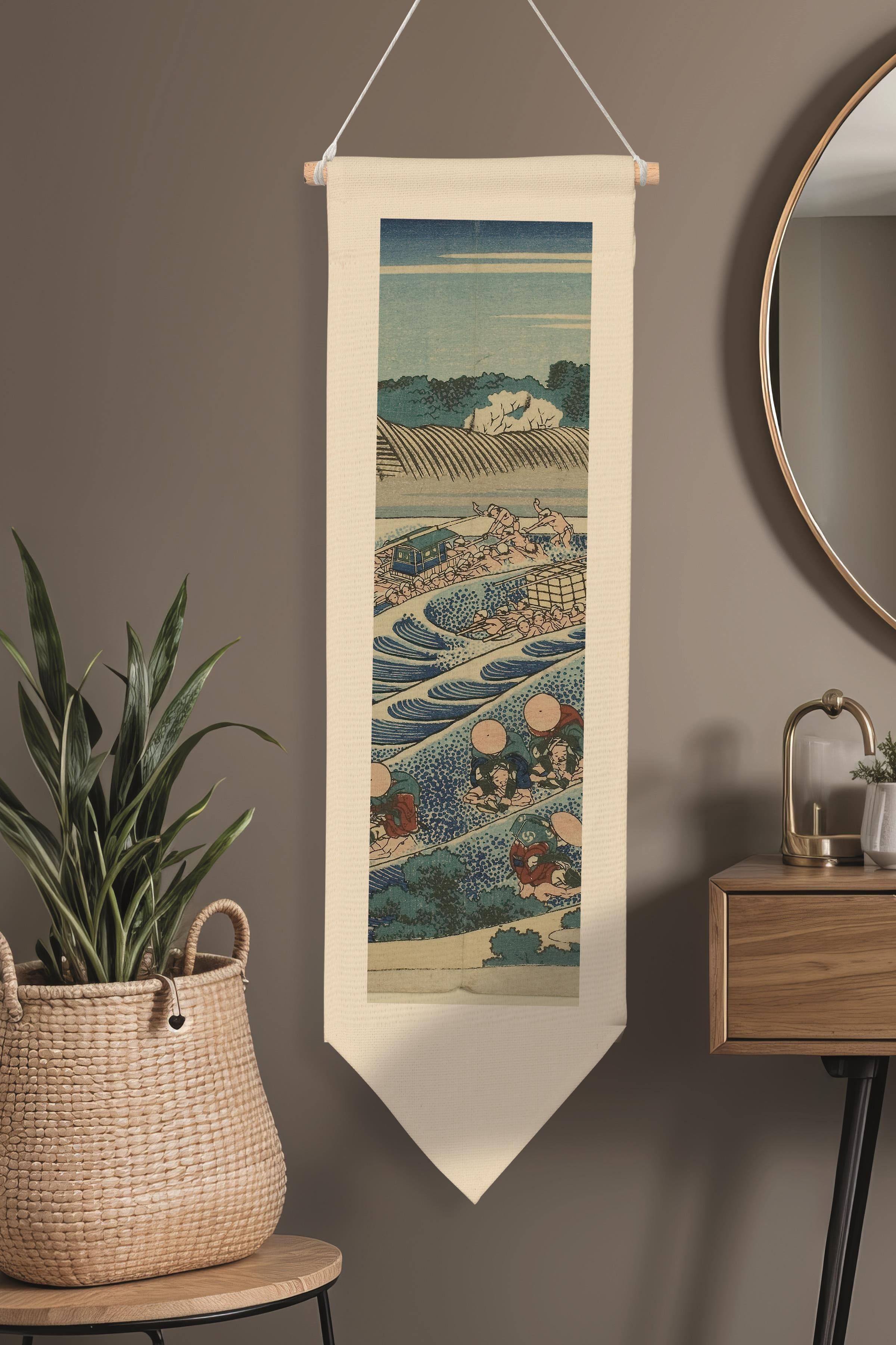 Duvar Halısı Pinterest Dekoru, Hokusai Sanat Serisi 100cm Kanvas Flama Askılı Duvar Örtüsü NO:654