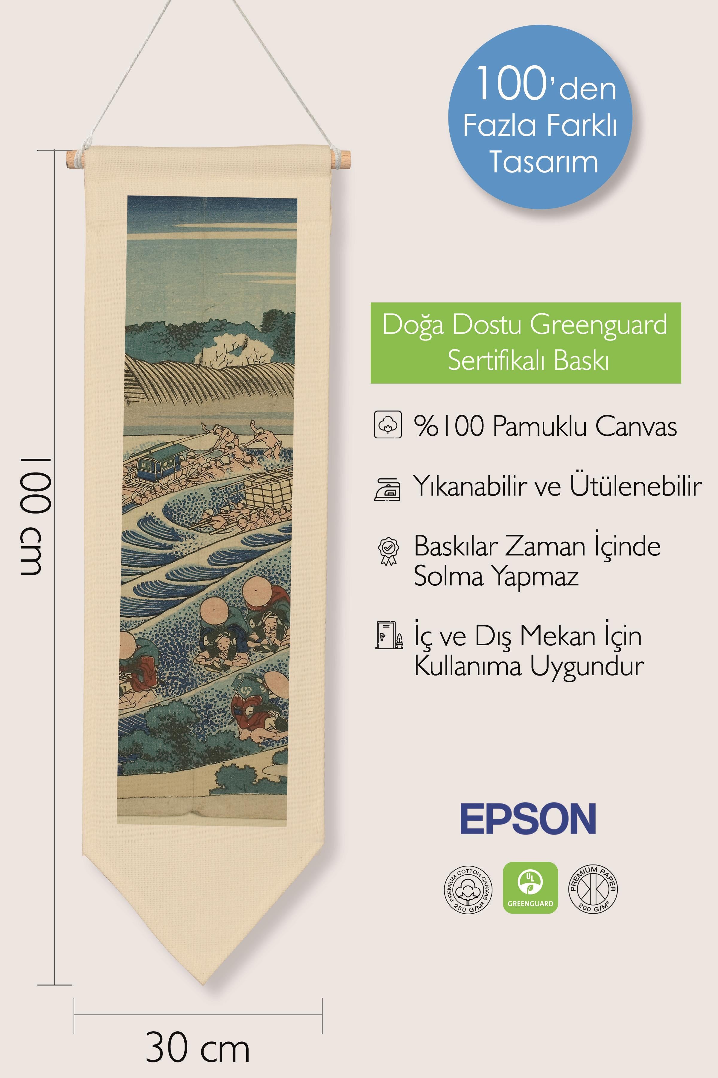 Duvar Halısı Pinterest Dekoru, Hokusai Sanat Serisi 100cm Kanvas Flama Askılı Duvar Örtüsü NO:654