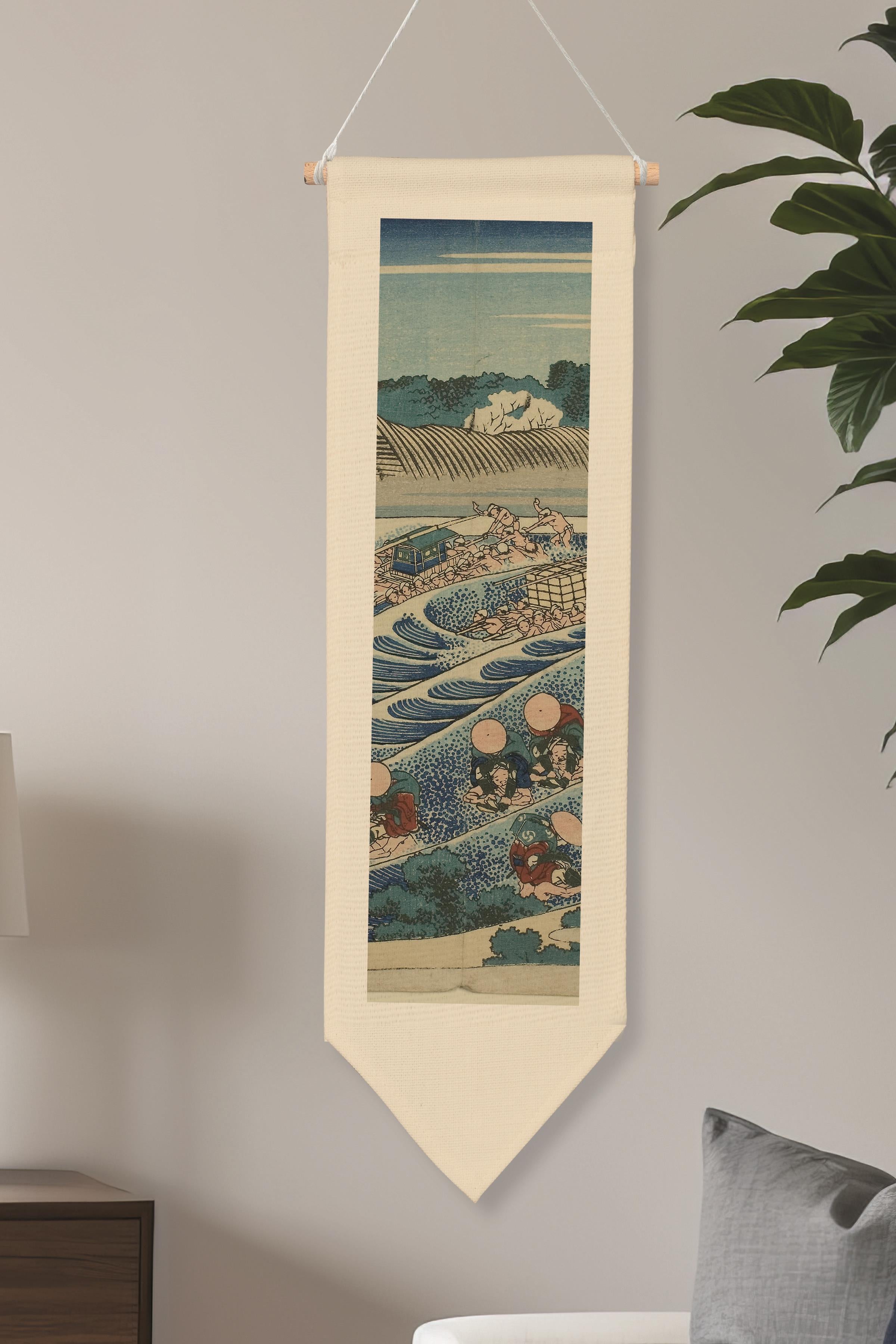 Duvar Halısı Pinterest Dekoru, Hokusai Sanat Serisi 100cm Kanvas Flama Askılı Duvar Örtüsü NO:654