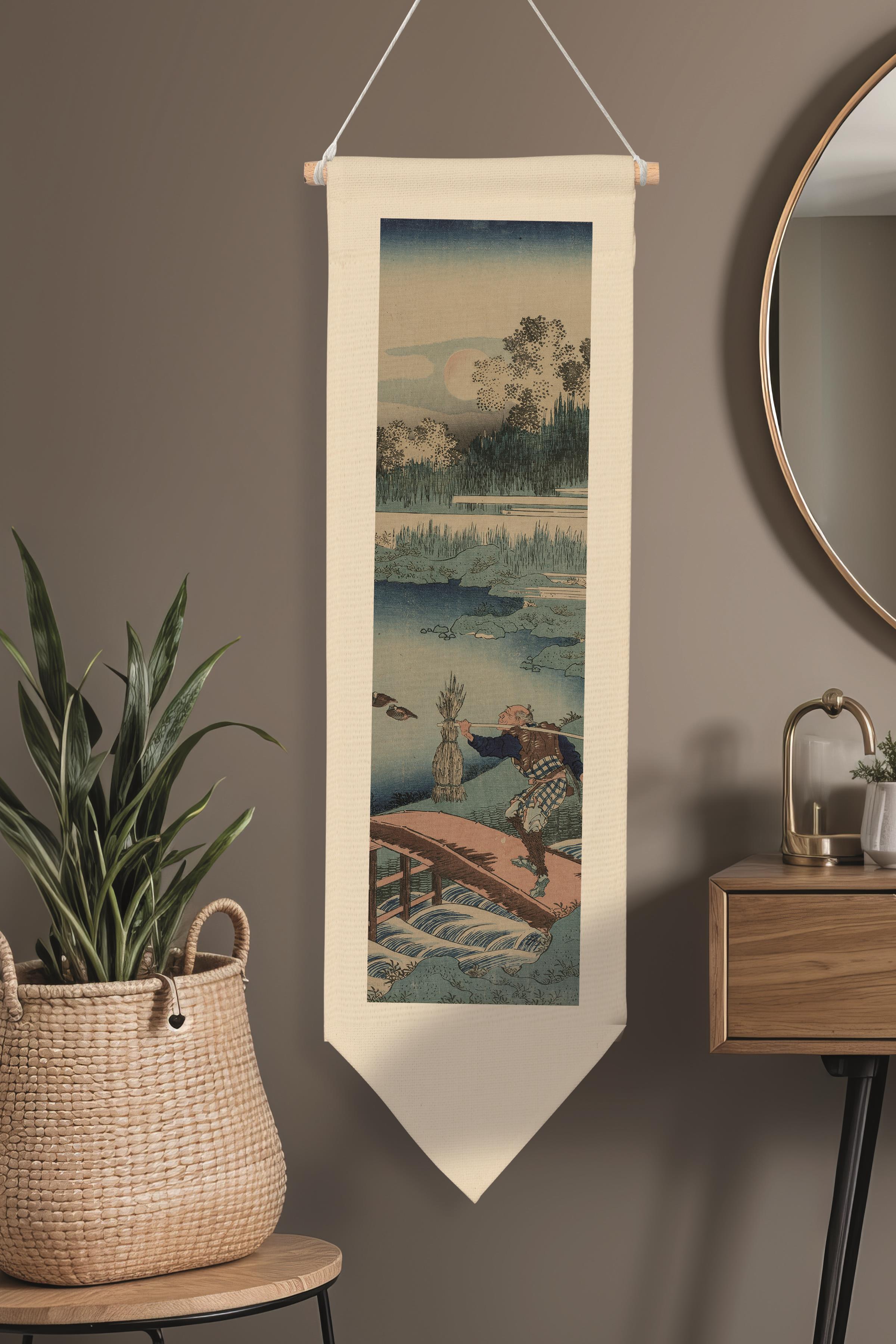 Duvar Halısı Pinterest Dekoru, Hokusai Sanat Serisi 100cm Kanvas Flama Askılı Duvar Örtüsü NO:656