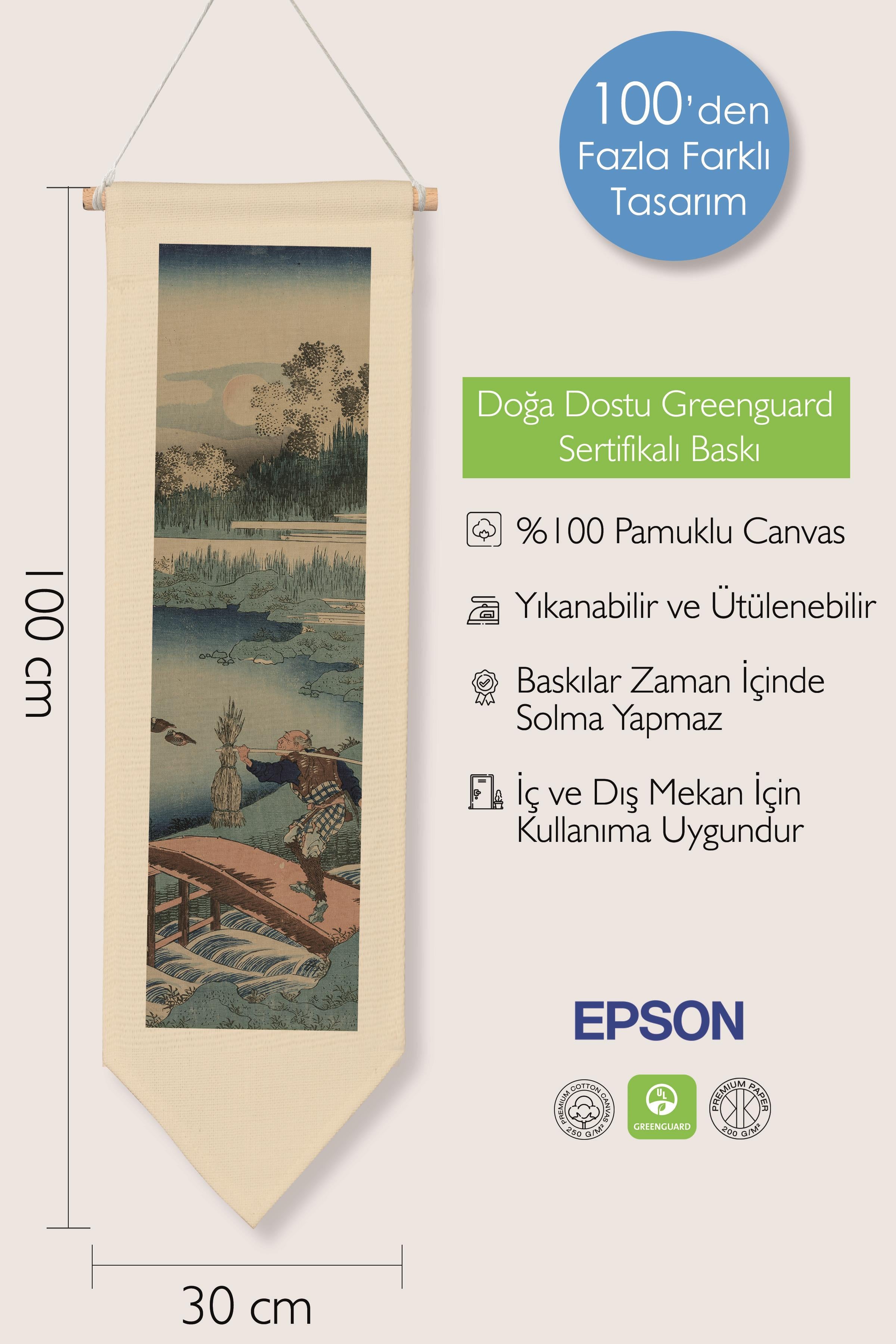 Duvar Halısı Pinterest Dekoru, Hokusai Sanat Serisi 100cm Kanvas Flama Askılı Duvar Örtüsü NO:656