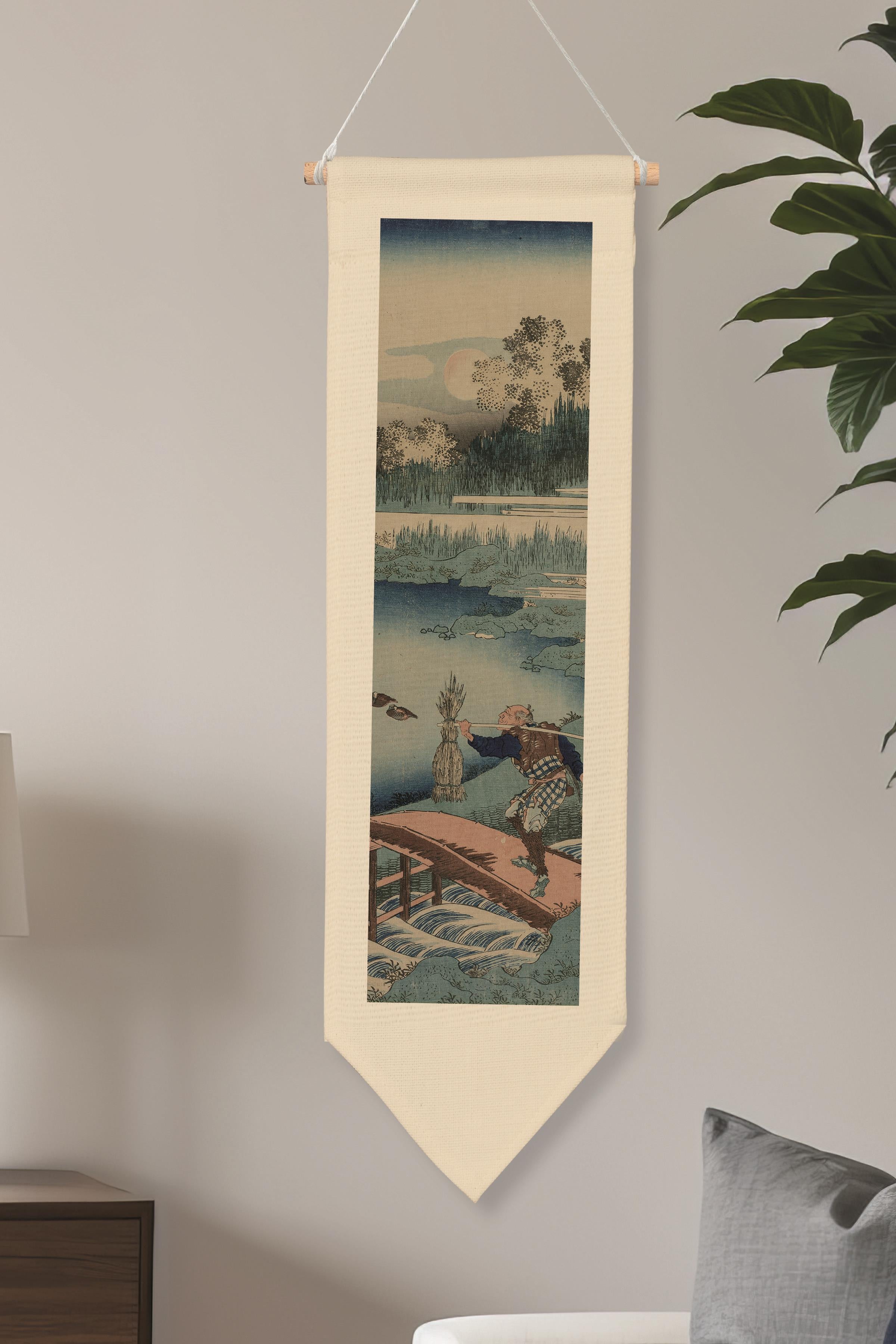 Duvar Halısı Pinterest Dekoru, Hokusai Sanat Serisi 100cm Kanvas Flama Askılı Duvar Örtüsü NO:656