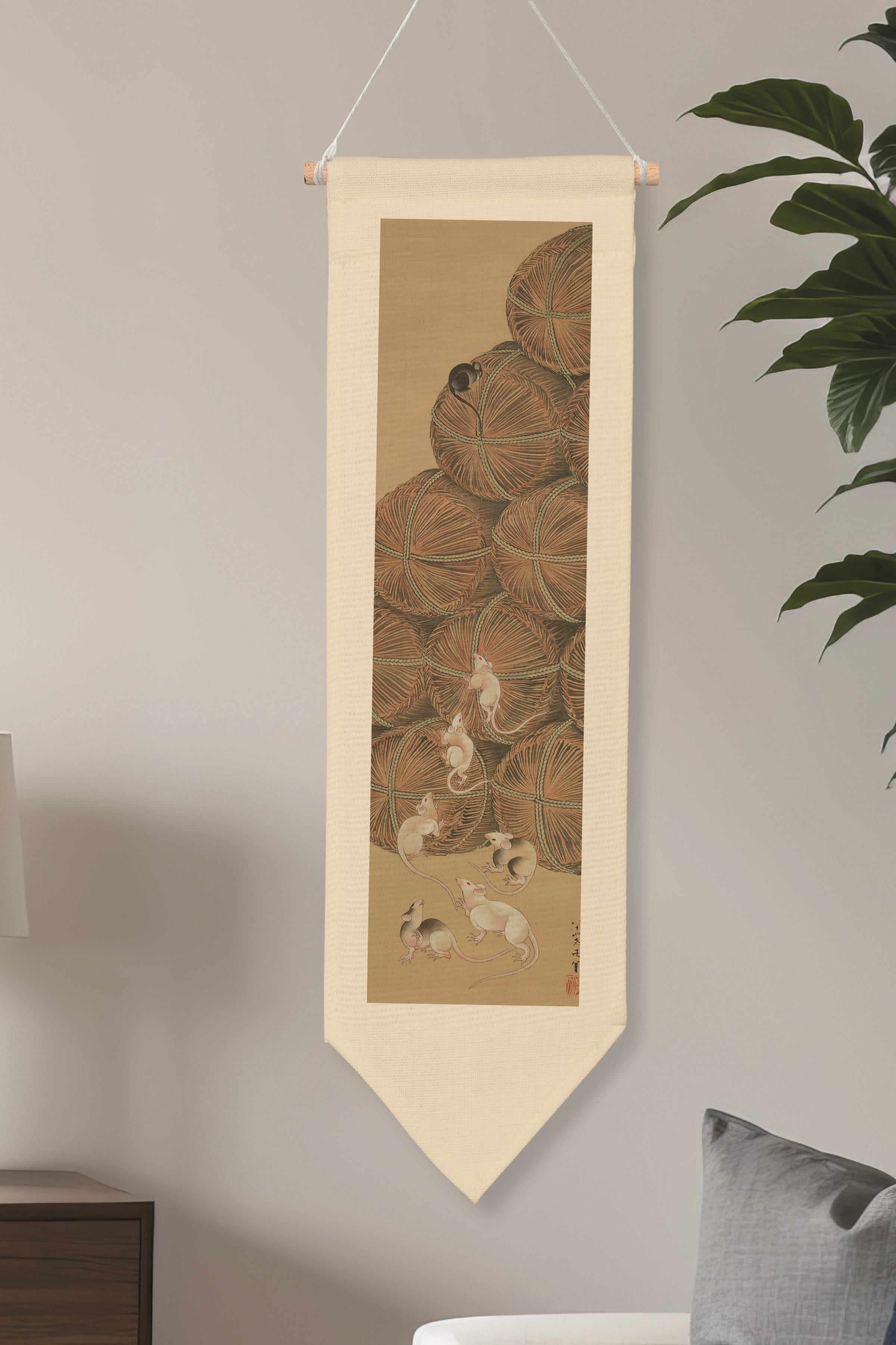 Duvar Halısı Pinterest Dekoru, Hokusai Sanat Serisi 100cm Kanvas Flama Askılı Duvar Örtüsü NO:662