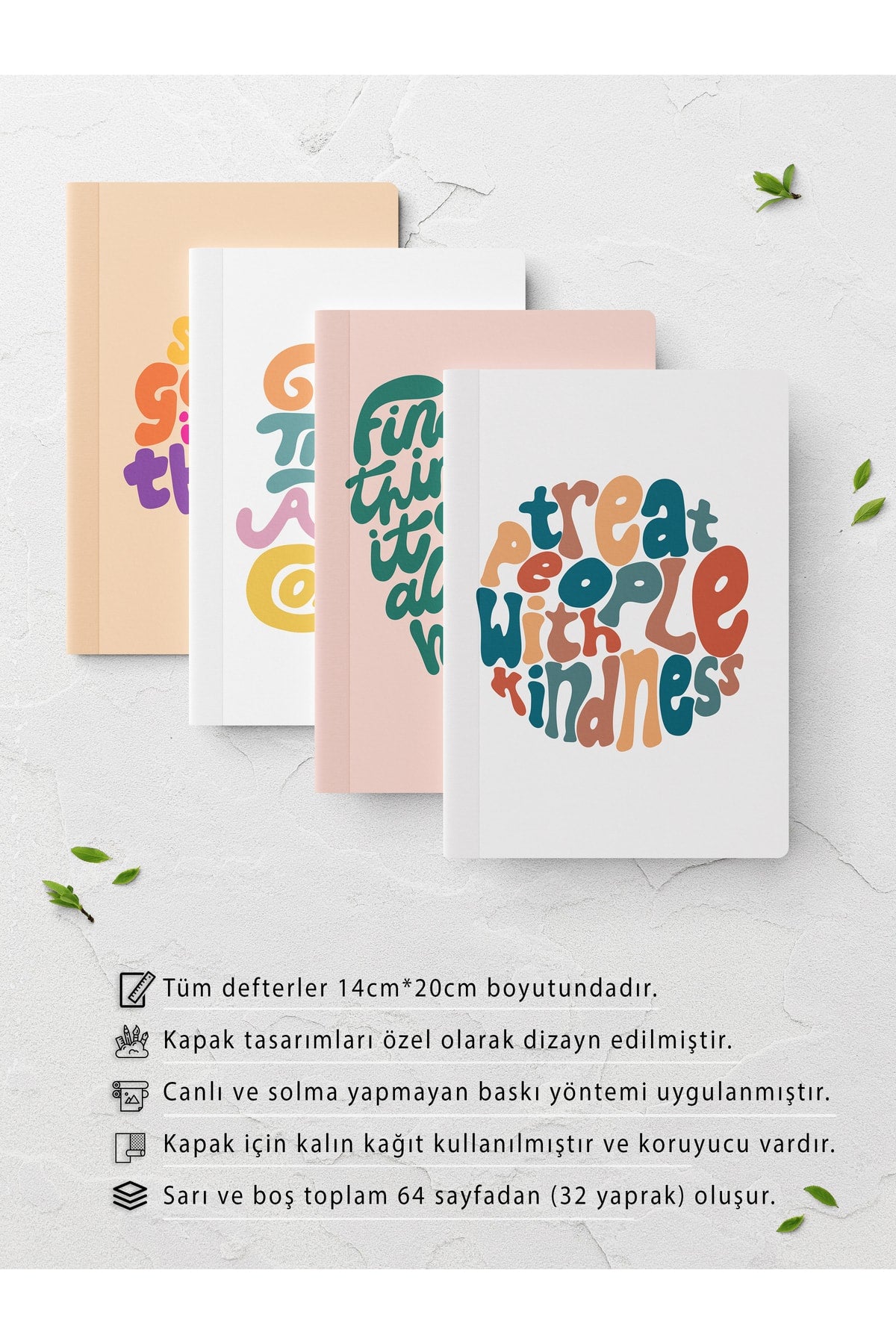 Motive Edici Çizgisiz Defter Seti - 4 Adet - 14cm*20cm - 64 Sayfa